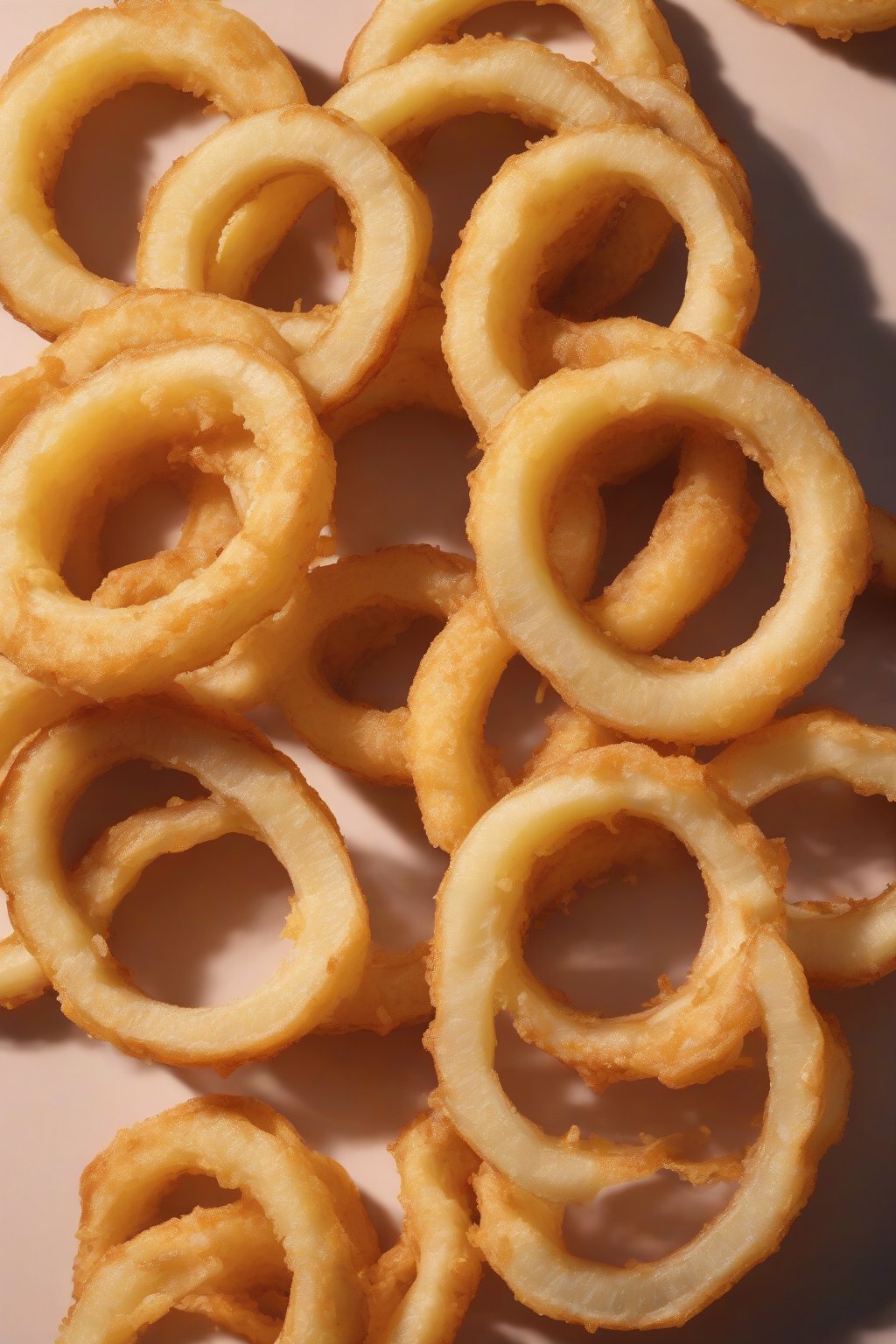 A high-resolution photo of banana-infused beer onion rings sliced to show interior, tropical vibe, under soft lighting.