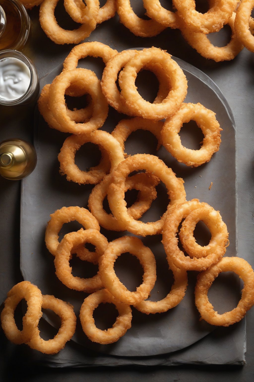A high-resolution photo of gluten-free beer onion rings towering crisp, simple plate, under soft lighting.