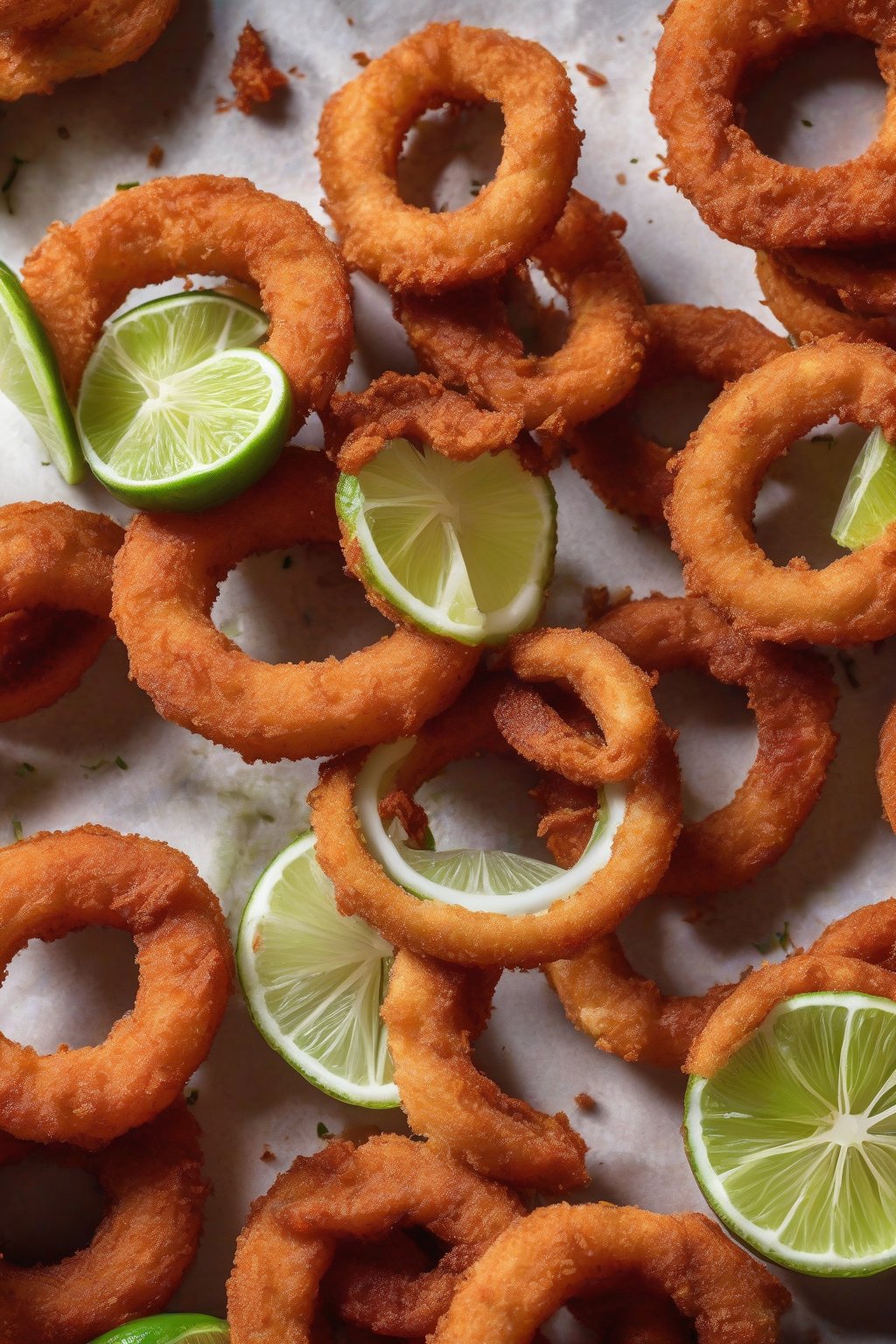 A high-resolution photo of vegan sriracha beer onion rings fiery red, lime wedge side, under soft lighting.