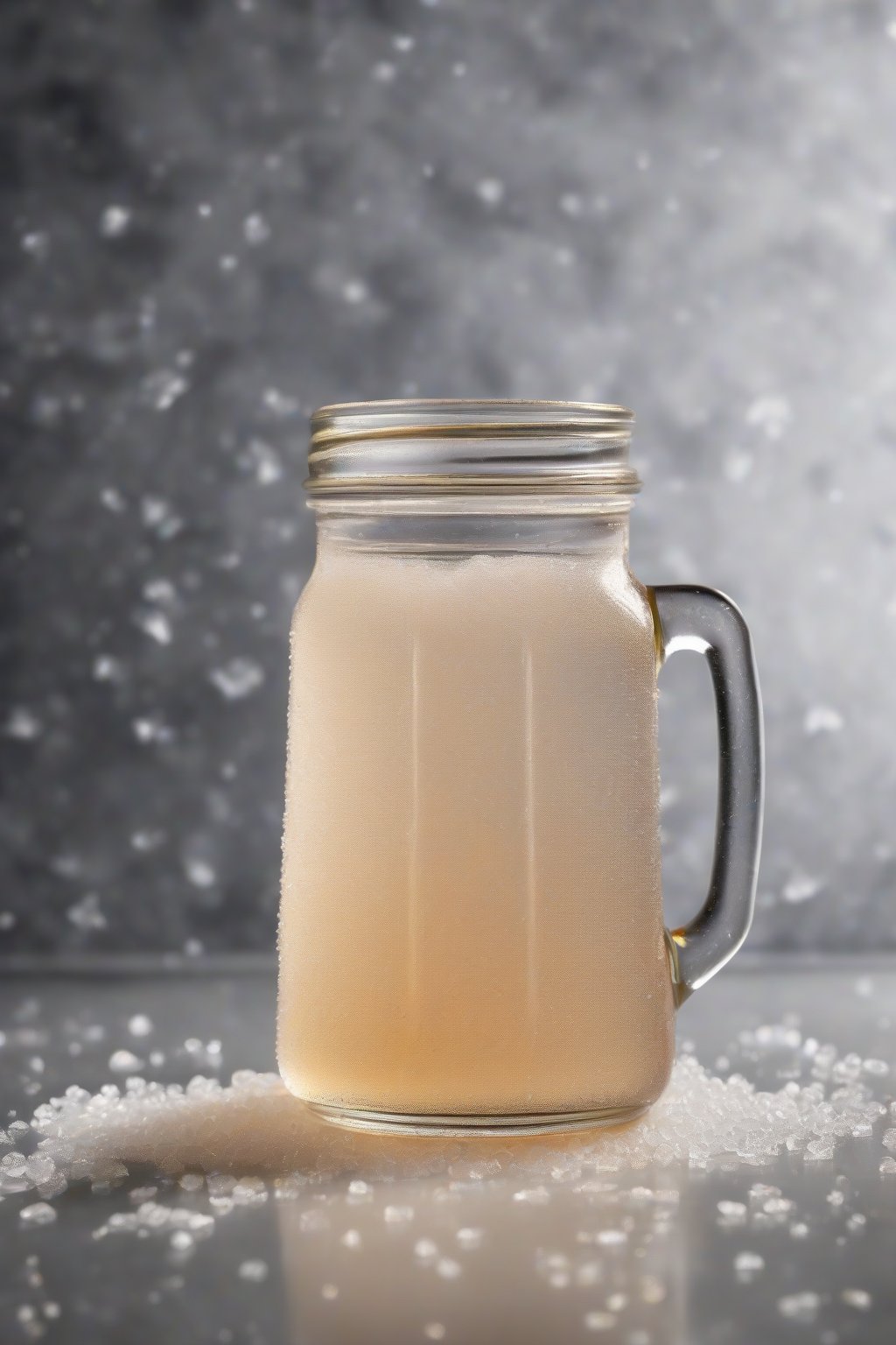 A high-resolution photo of classic simple syrup in a clear glass jar, with sugar crystals dissolving in the background, under soft lighting.