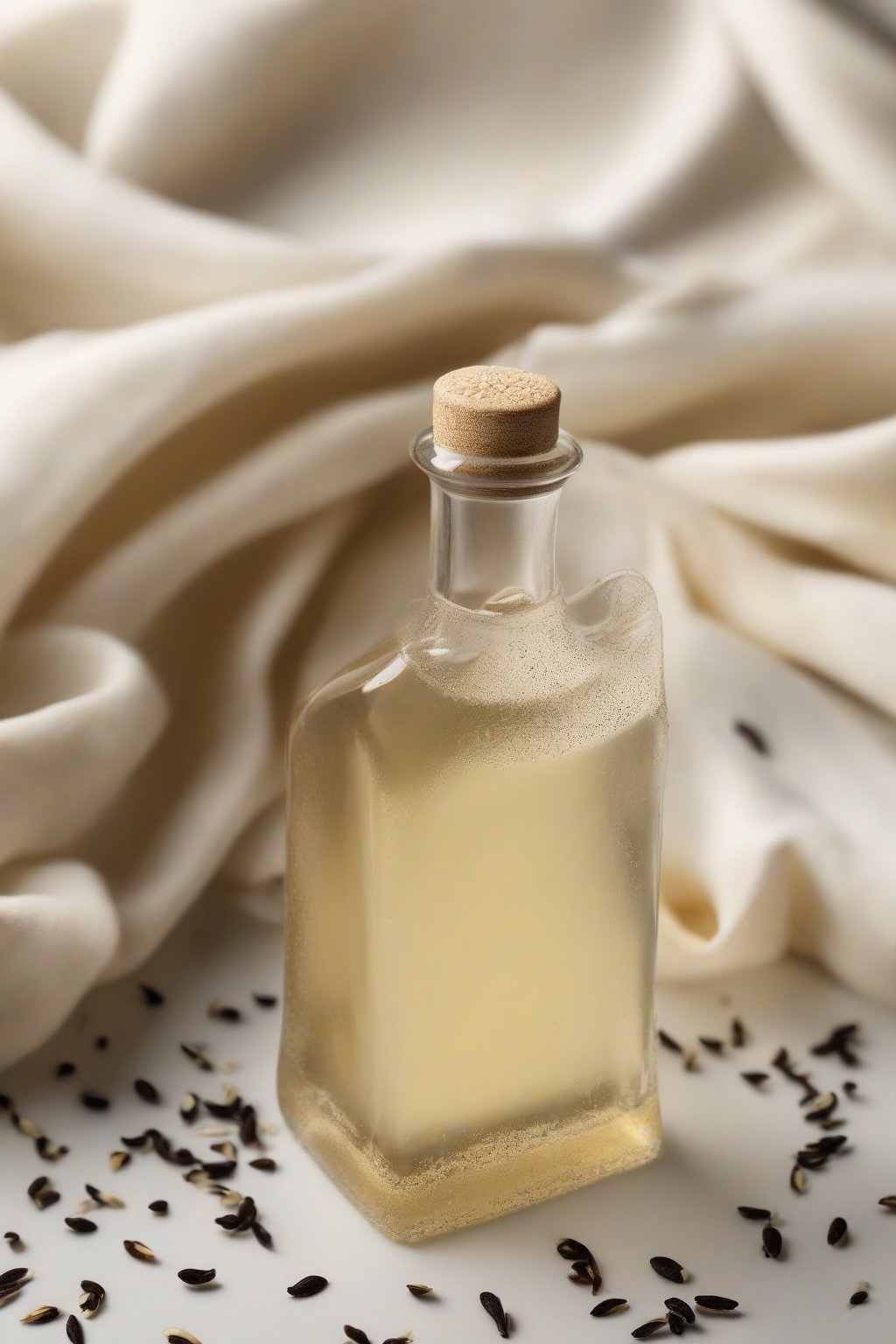 A high-resolution close-up photo of vanilla simple syrup in an elegant bottle, flecked with vanilla seeds, under soft lighting.