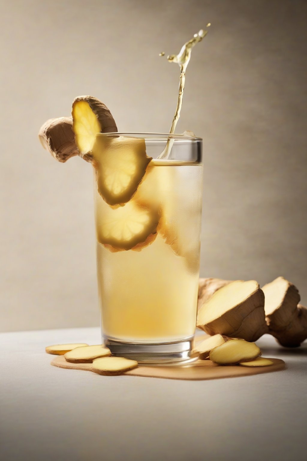 A high-resolution photo of ginger simple syrup poured into a glass, with fresh ginger slices floating, under soft lighting.