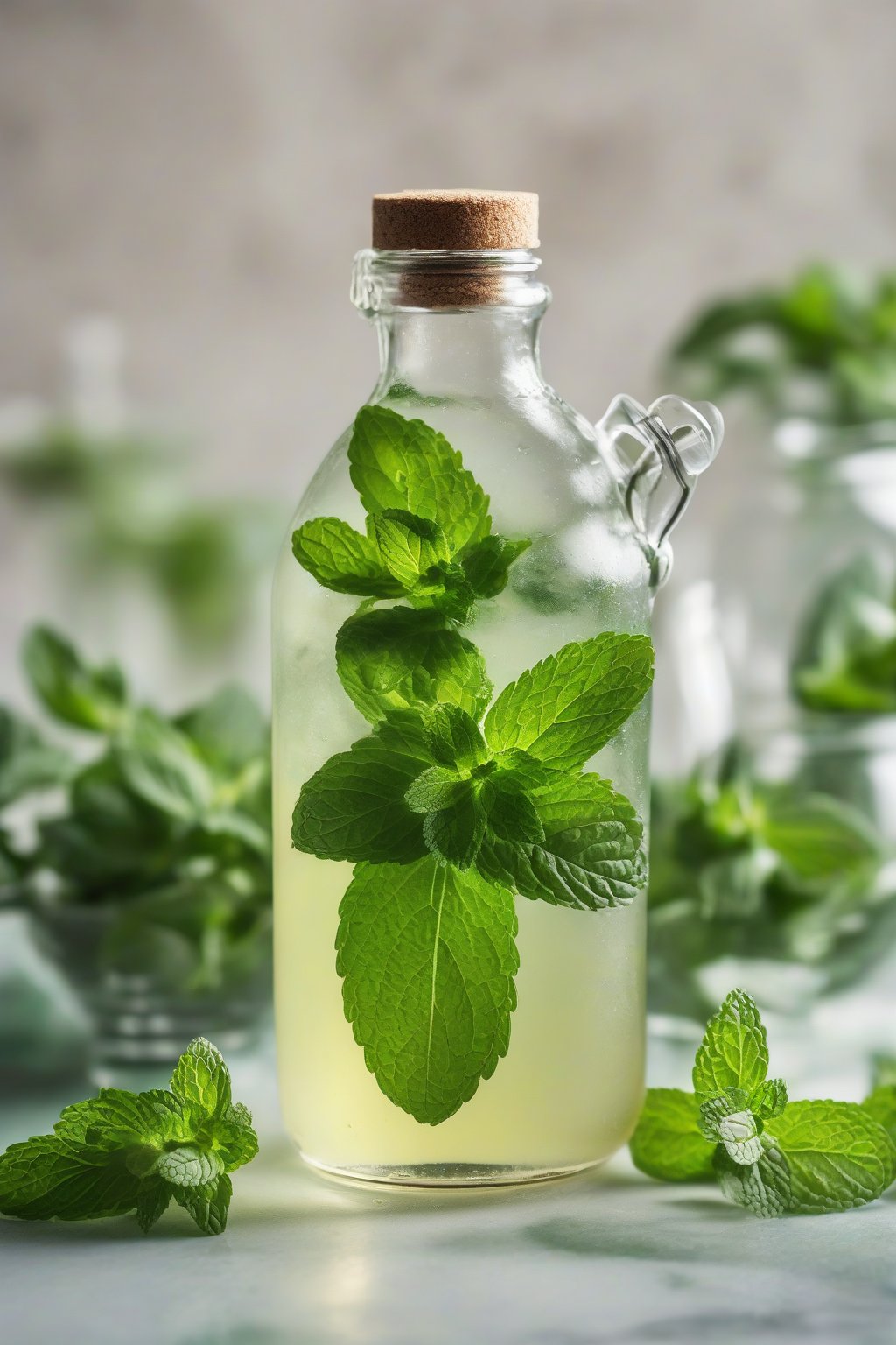 A high-resolution close-up photo of mint simple syrup in a jar surrounded by fresh mint sprigs, under soft lighting.