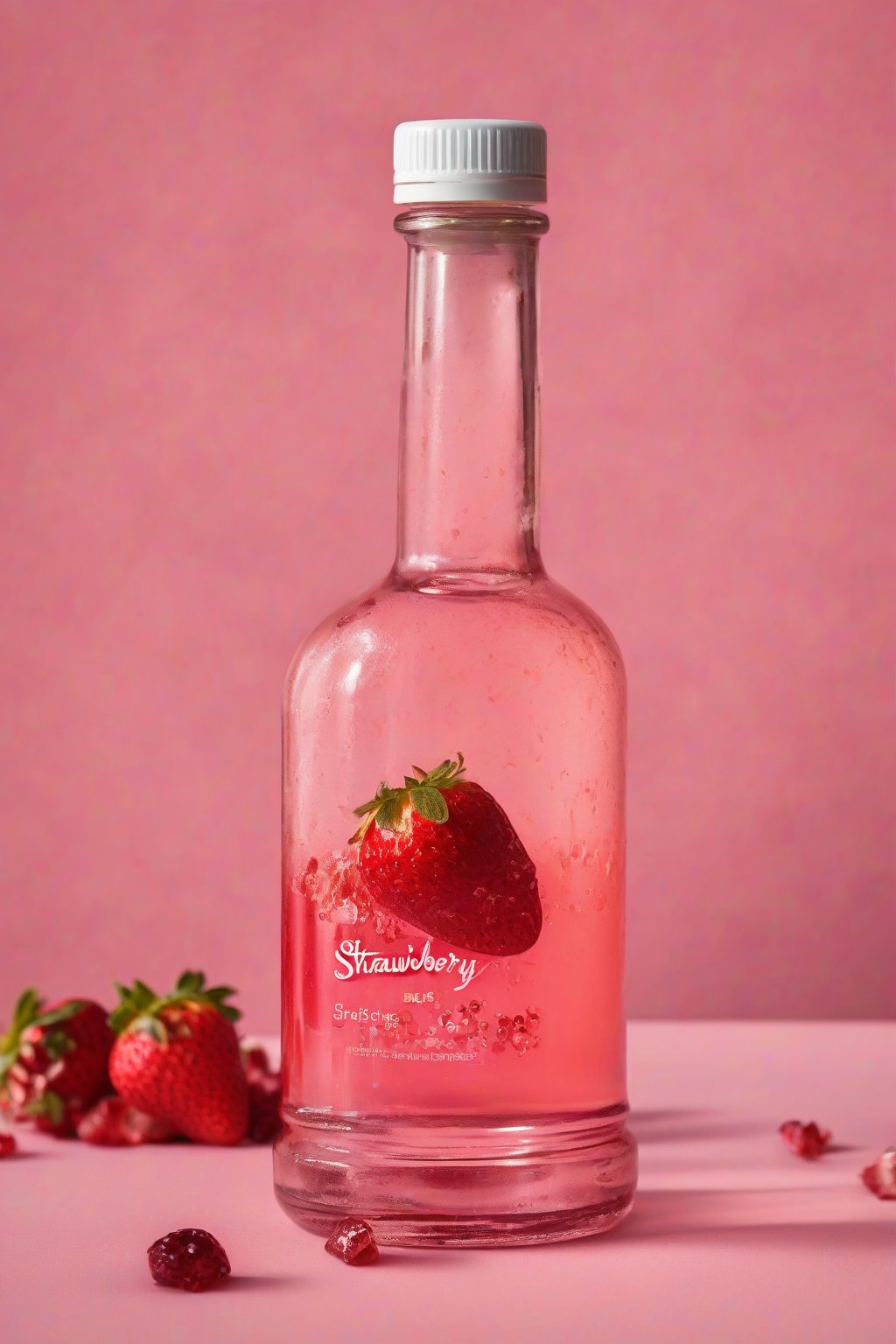 A high-resolution photo of strawberry simple syrup in a bottle, with pink hues and berry bits, under soft lighting.