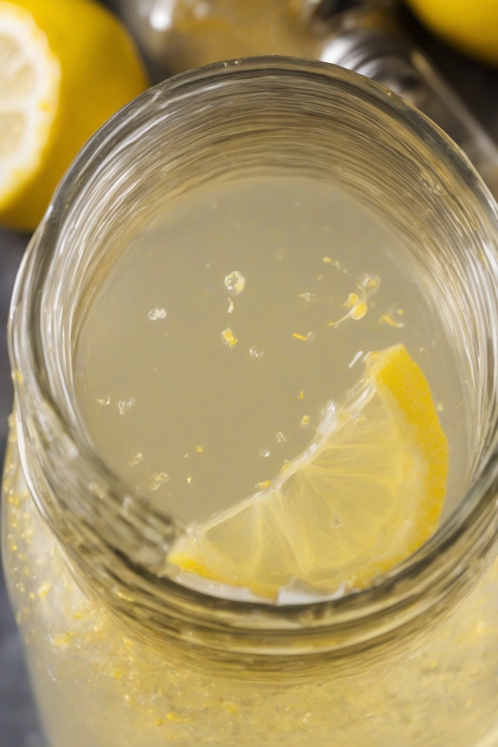 A high-resolution close-up photo of lemon simple syrup glistening in a jar with lemon zest flecks, under soft lighting.