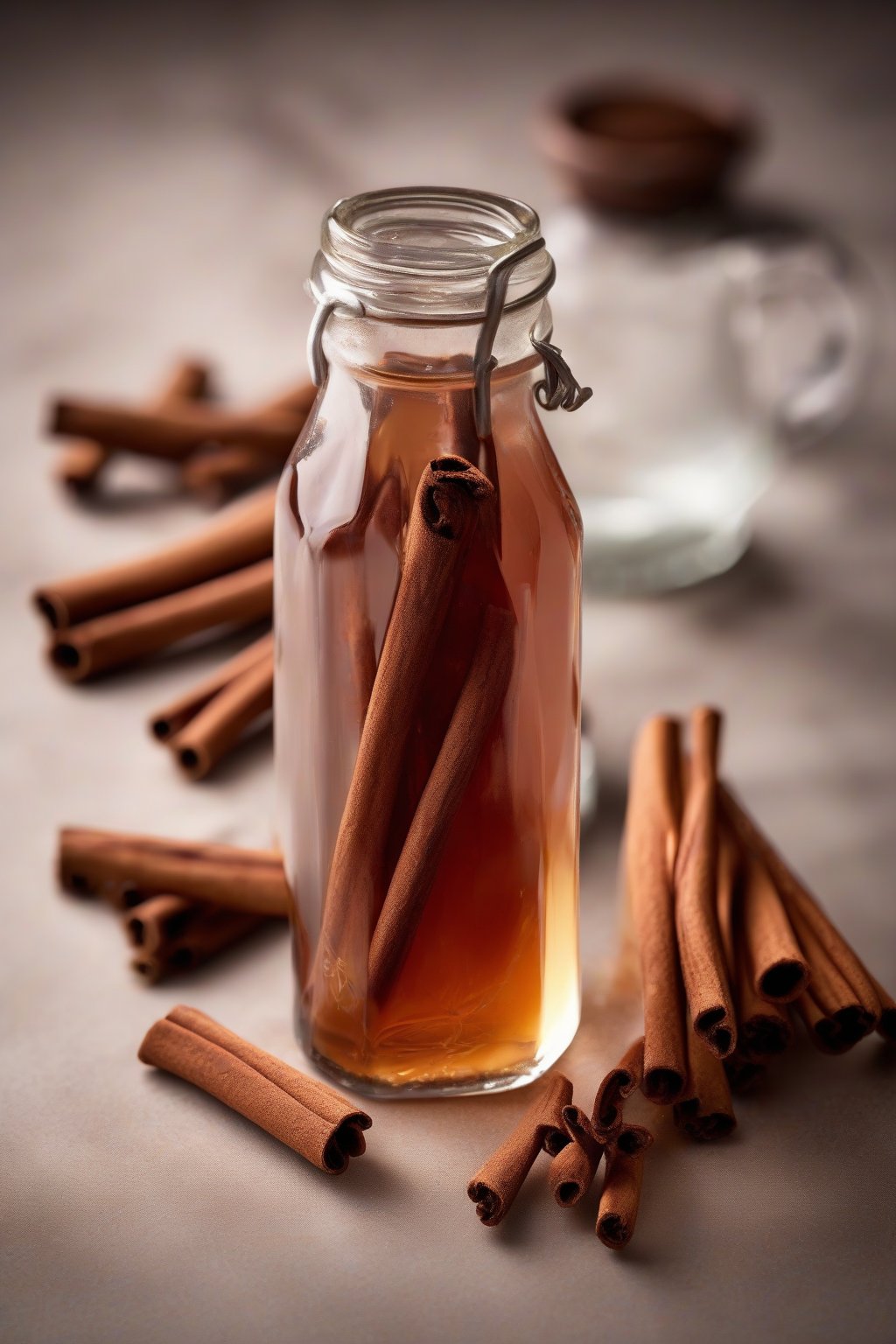 A high-resolution photo of cinnamon simple syrup in a glass container, cinnamon sticks leaning against it, under soft lighting.