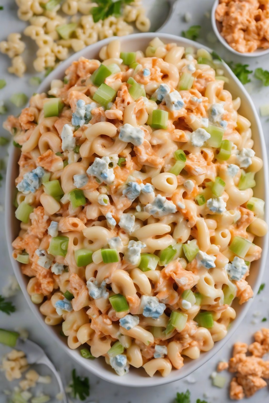 A high-resolution photo of buffalo chicken macaroni salad with celery and blue cheese crumbles, under soft lighting.