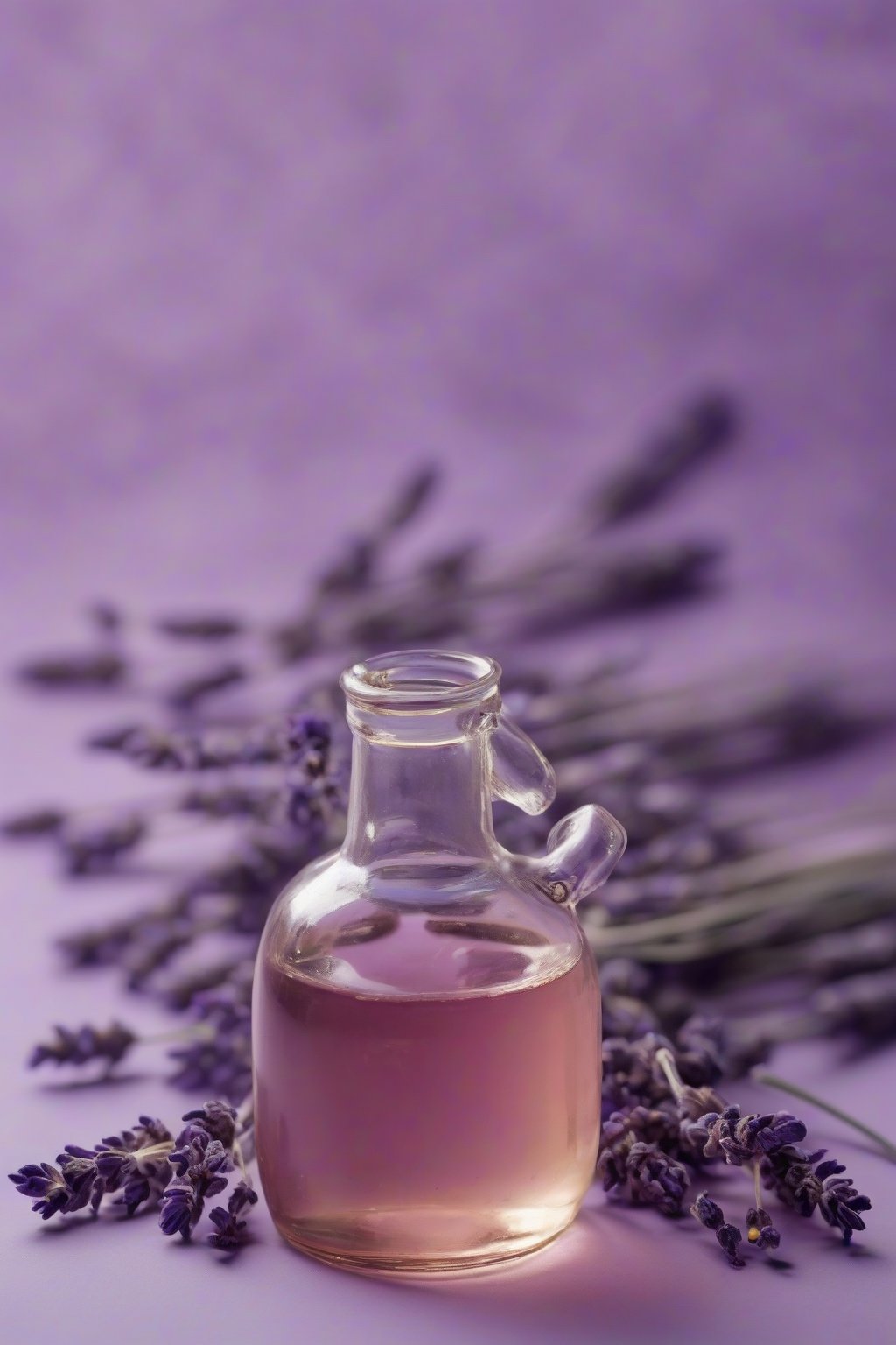 A high-resolution close-up photo of lavender simple syrup, purple-tinged with dried buds nearby, under soft lighting.