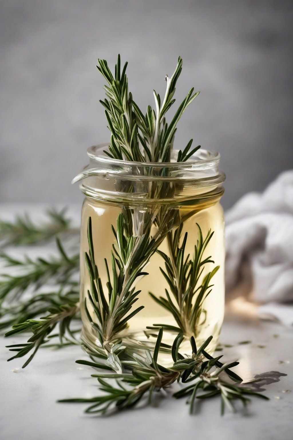 A high-resolution photo of rosemary simple syrup in a jar, fresh rosemary sprigs garnishing the top, under soft lighting.