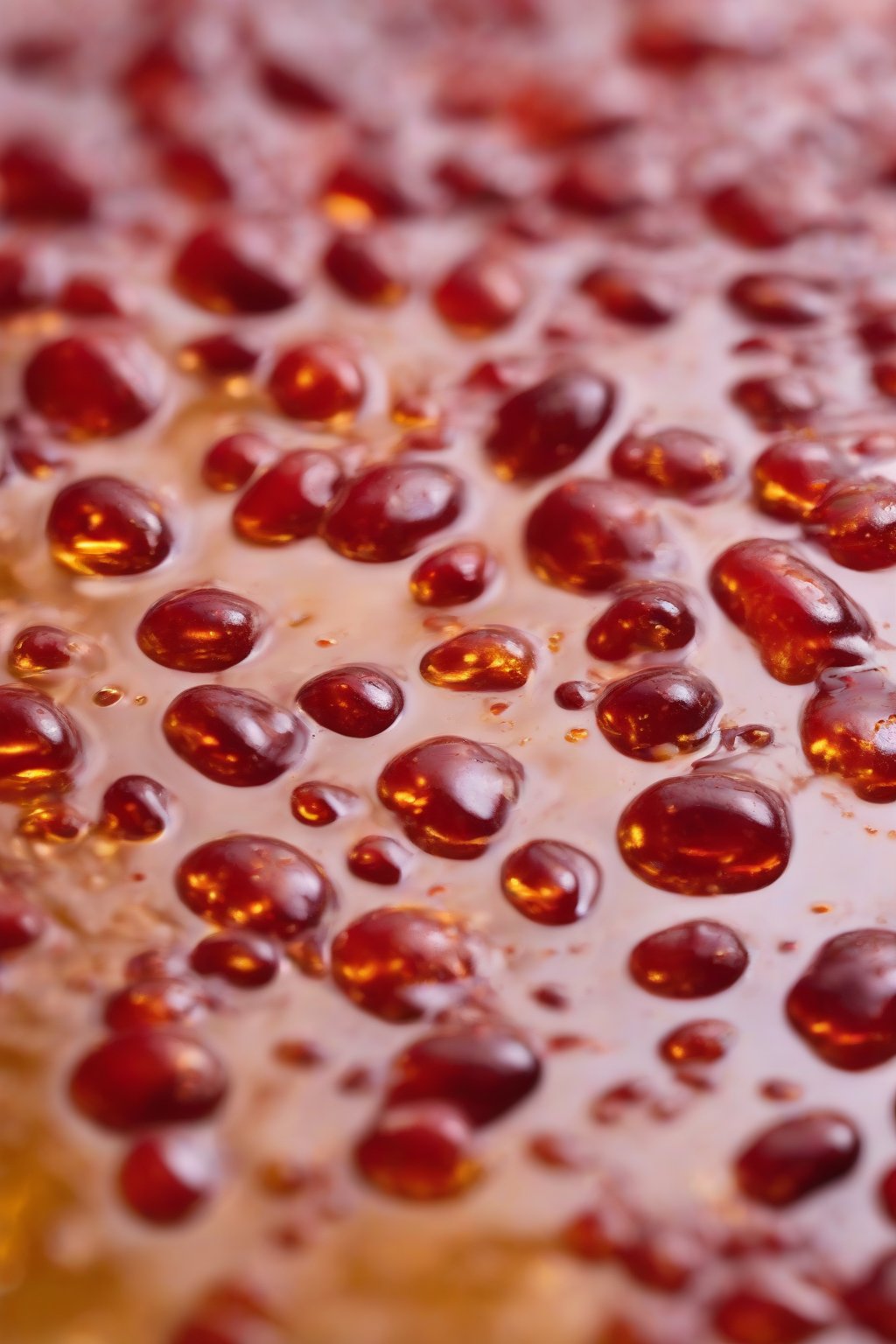 A high-resolution close-up photo of chili simple syrup, red flecks visible in the golden liquid, under soft lighting.