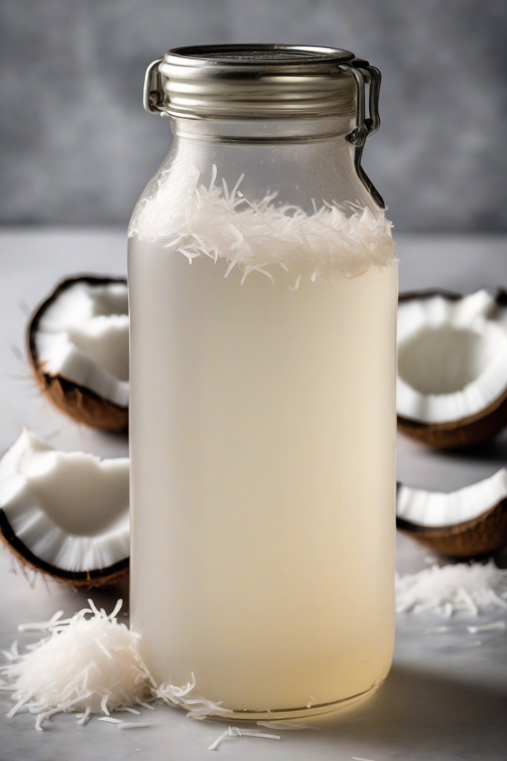 A high-resolution photo of coconut simple syrup in a bottle, topped with shredded coconut, under soft lighting.