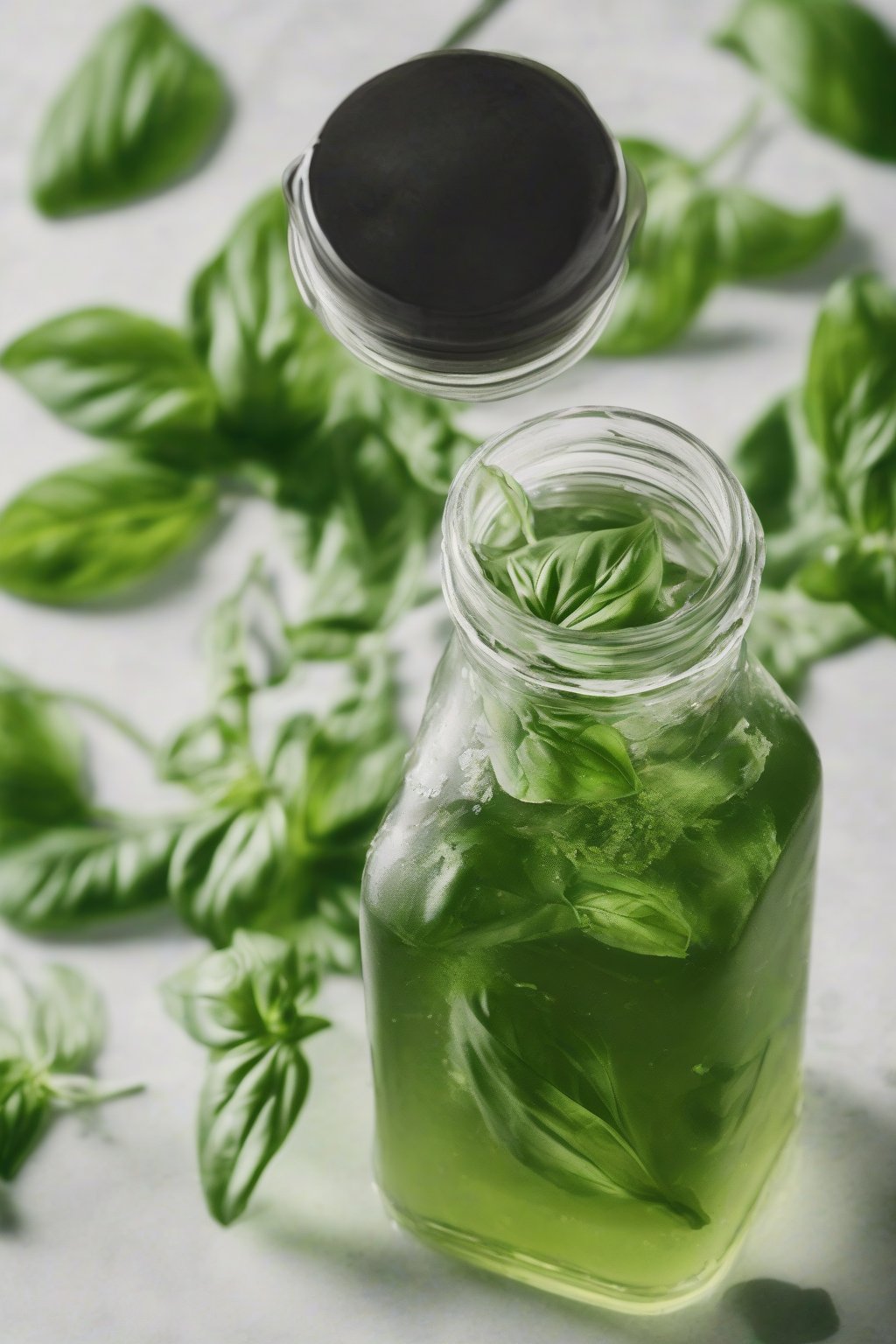 A high-resolution close-up photo of basil simple syrup, green-tinted with basil leaves around the jar, under soft lighting.