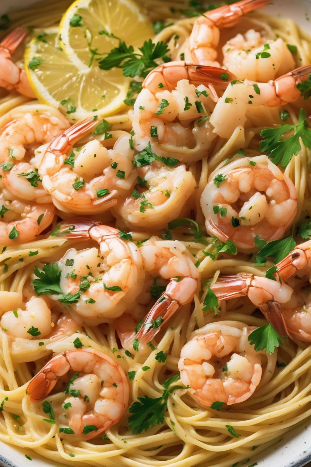 A high-resolution close-up photo of garlic butter shrimp scampi over pasta, garnished with lemon wedges and parsley, under soft lighting.