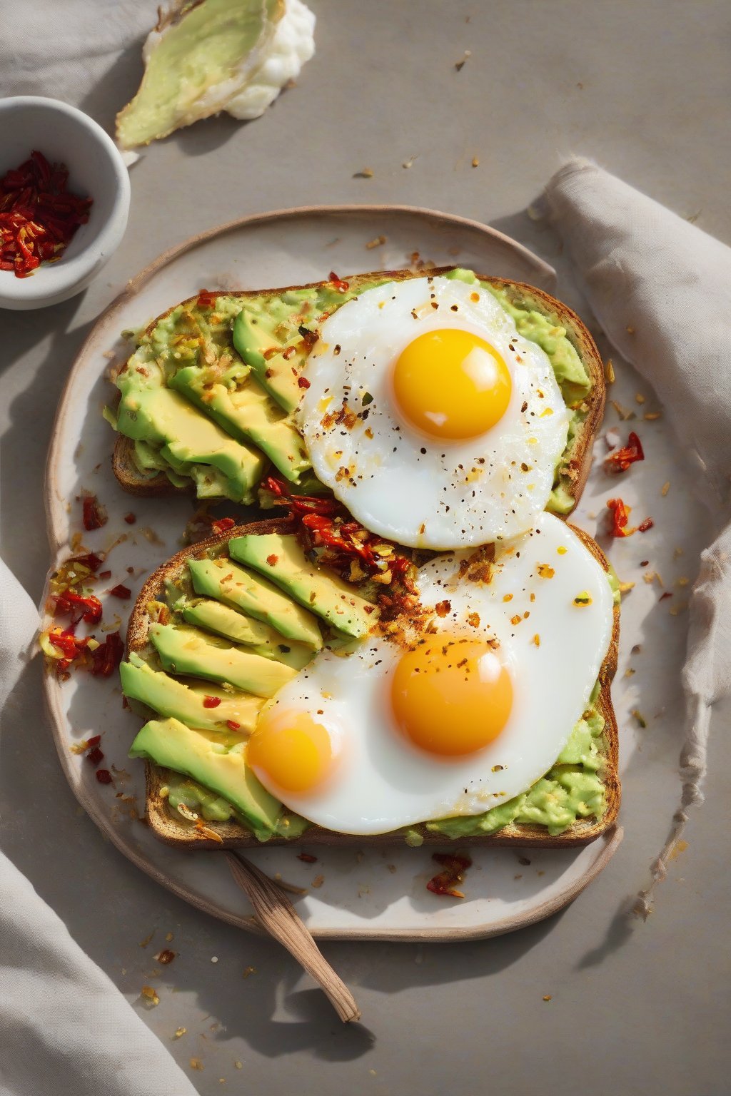 A high-resolution close-up photo of avocado egg toast topped with a sunny-side-up egg and chili flakes, under soft lighting.