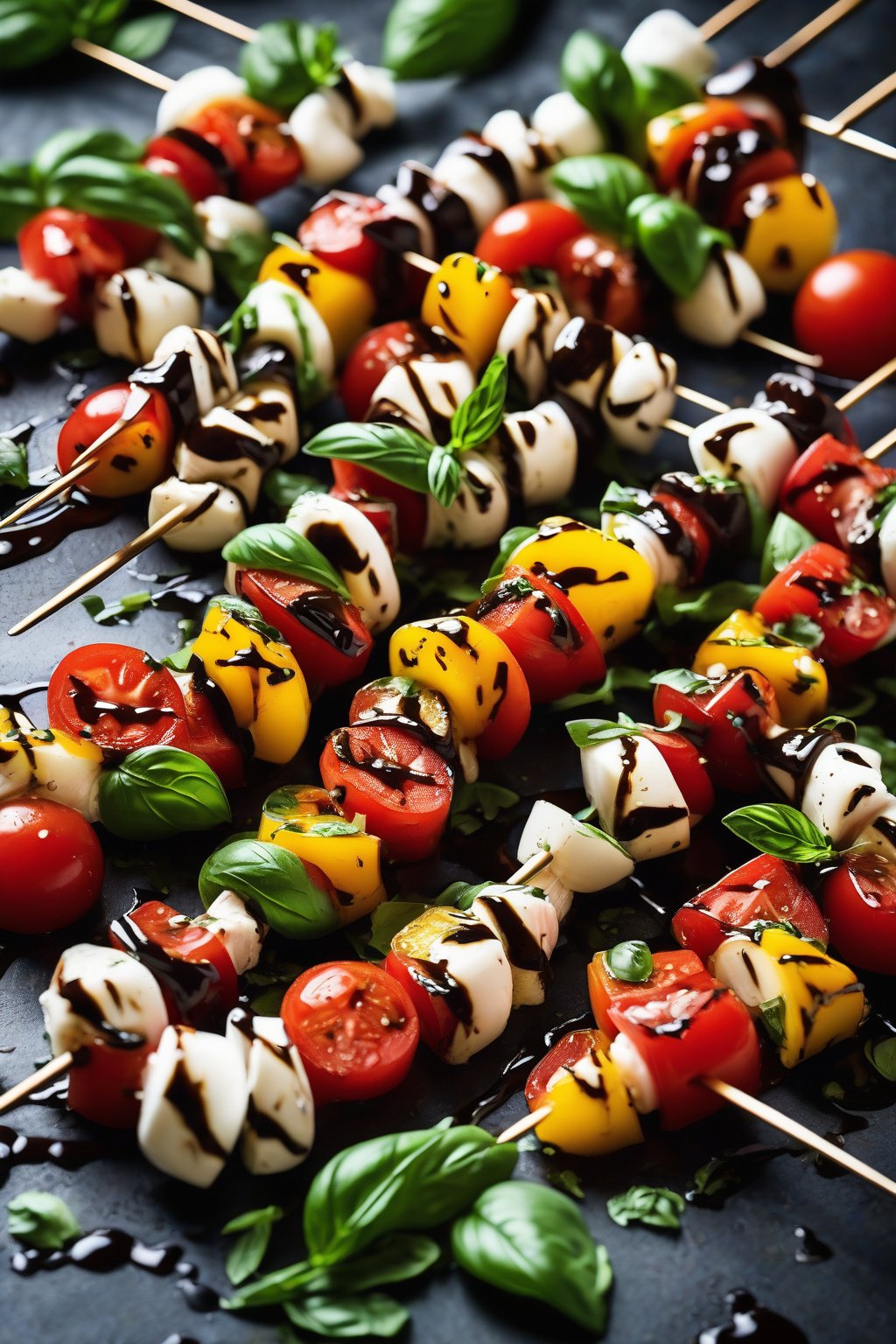 A high-resolution close-up photo of colorful caprese skewers drizzled with balsamic, under soft lighting.