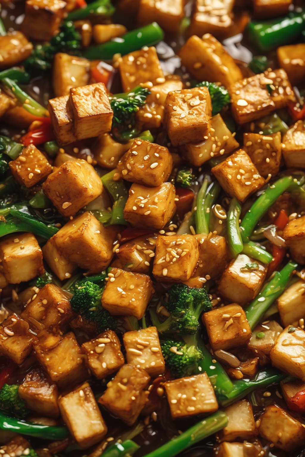 A high-resolution close-up photo of golden veggie stir-fry with crispy tofu cubes, under soft lighting.