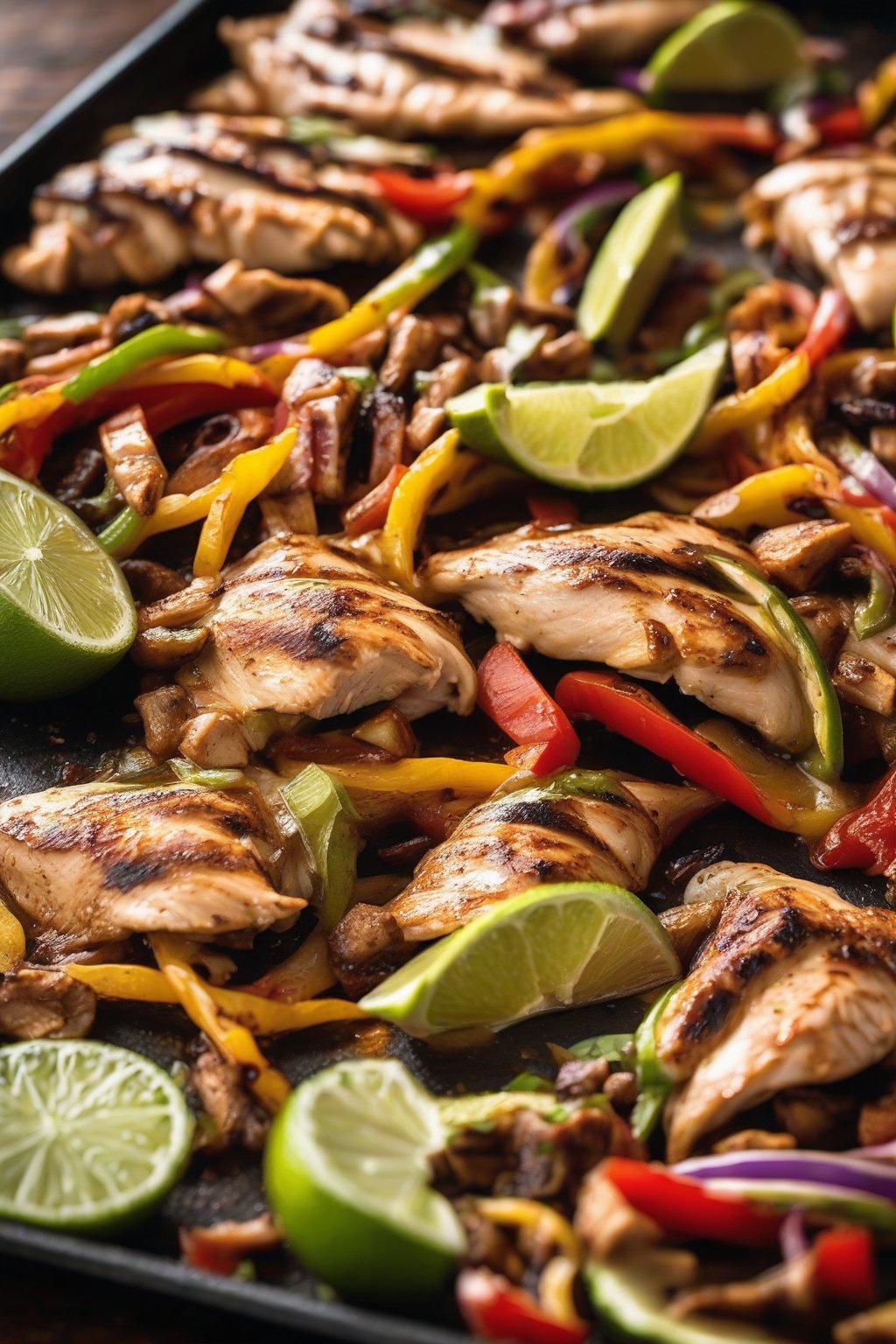 A high-resolution close-up photo of chicken fajitas on a sizzling sheet pan with lime wedges, under soft lighting.