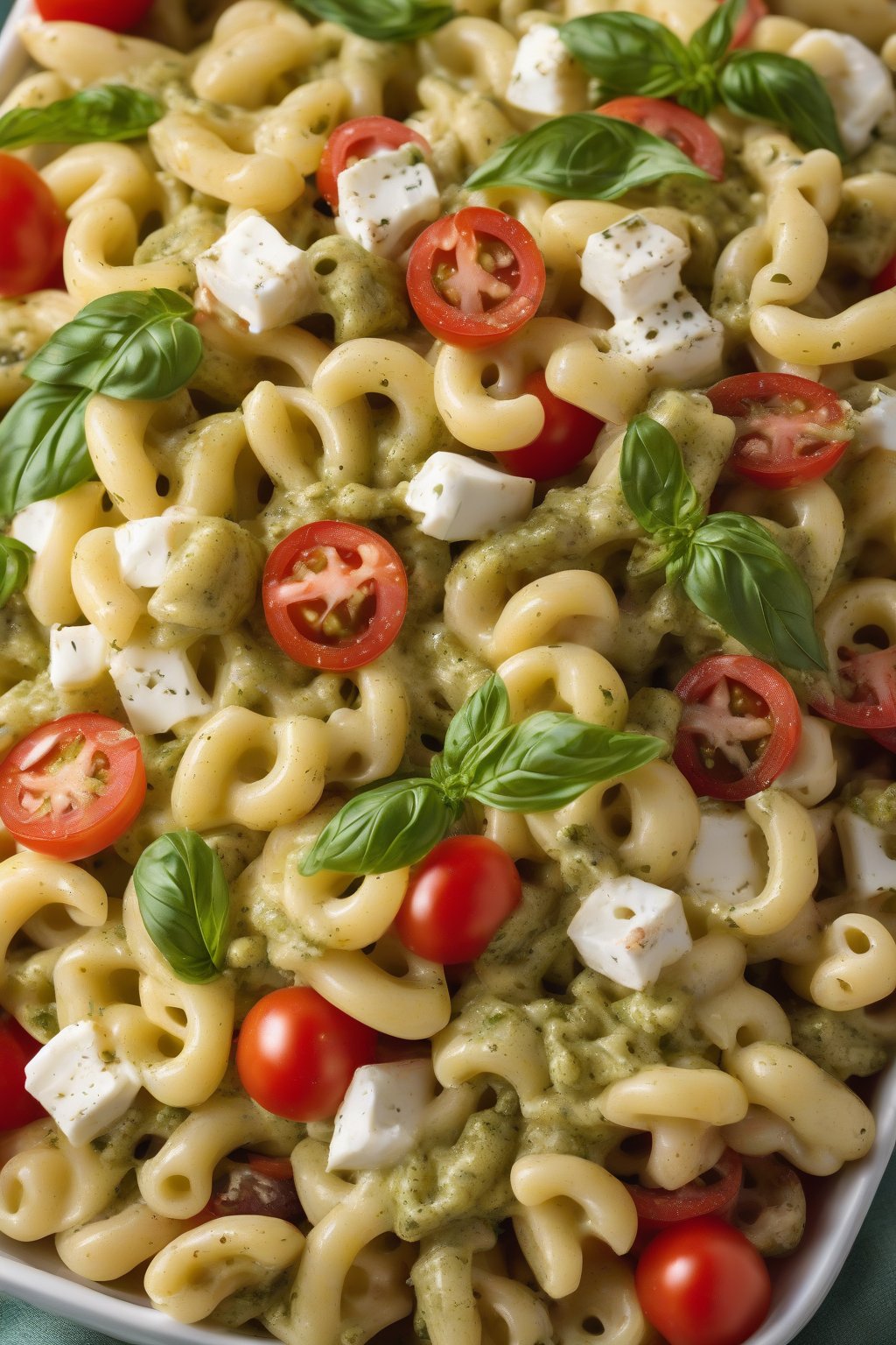 A high-resolution photo of pesto macaroni salad with tomatoes and mozzarella, under soft lighting.