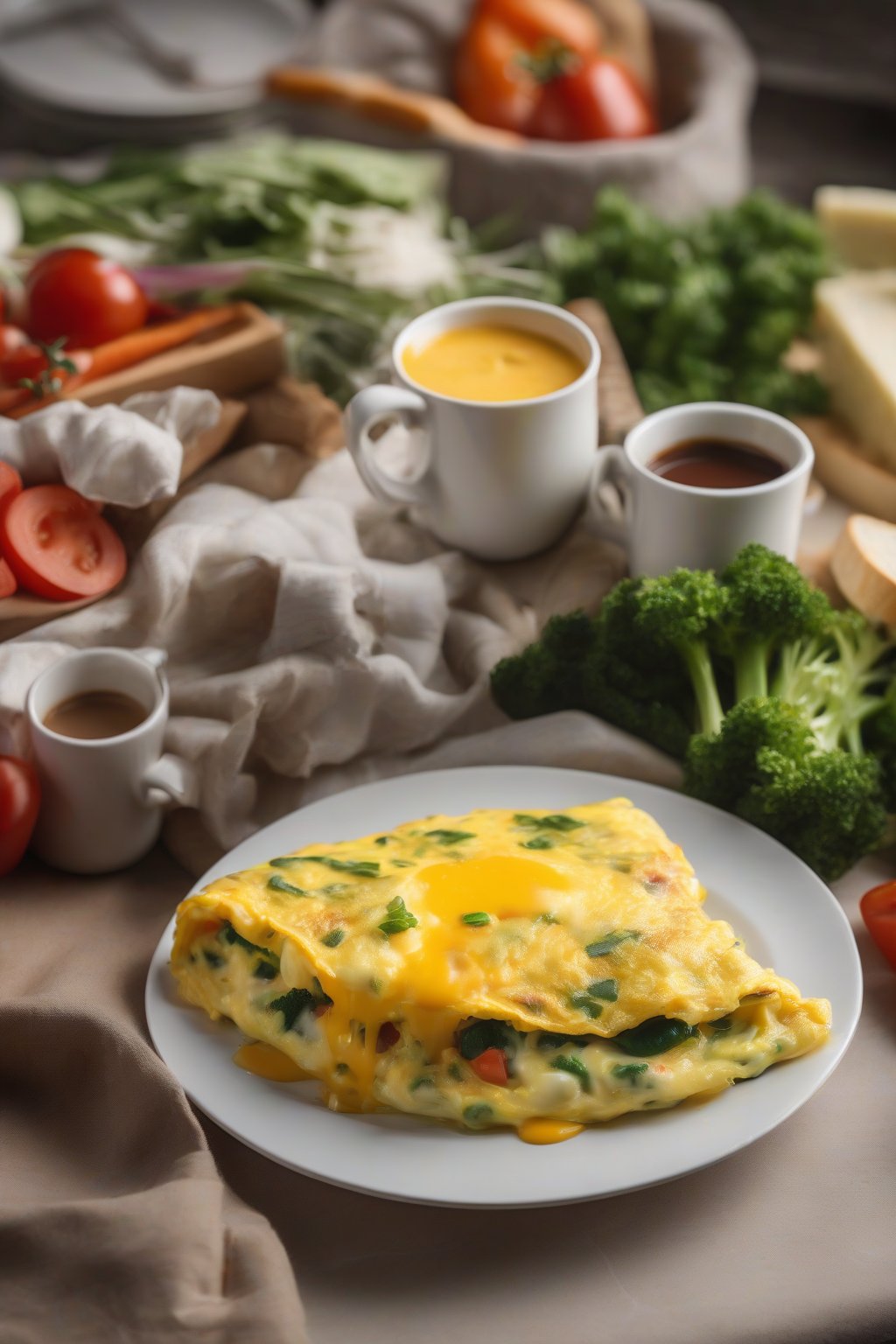 A high-resolution close-up photo of a fluffy mug omelette with melted cheese and veggies, under soft lighting.