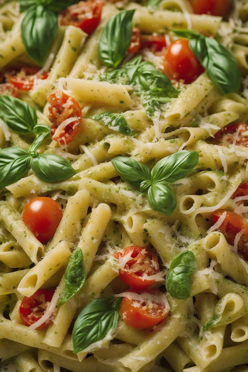 A high-resolution close-up photo of vibrant pesto pasta with tomatoes and parmesan shavings, under soft lighting.