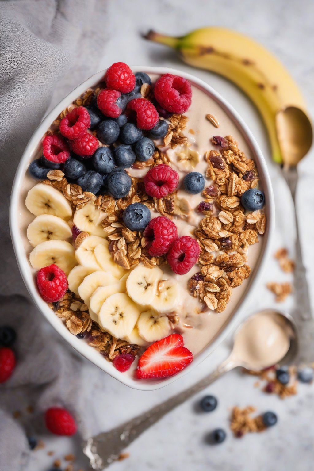 A high-resolution close-up photo of a creamy banana PB smoothie bowl topped with granola and berries, under soft lighting.