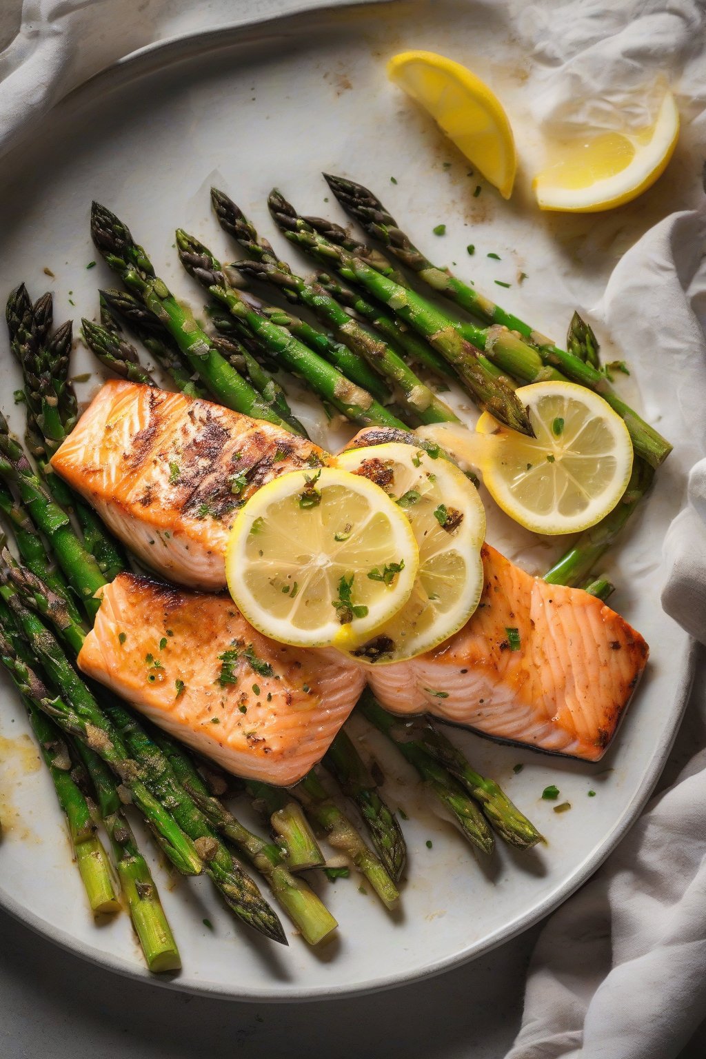 A high-resolution close-up photo of flaky lemon salmon with charred asparagus, under soft lighting.