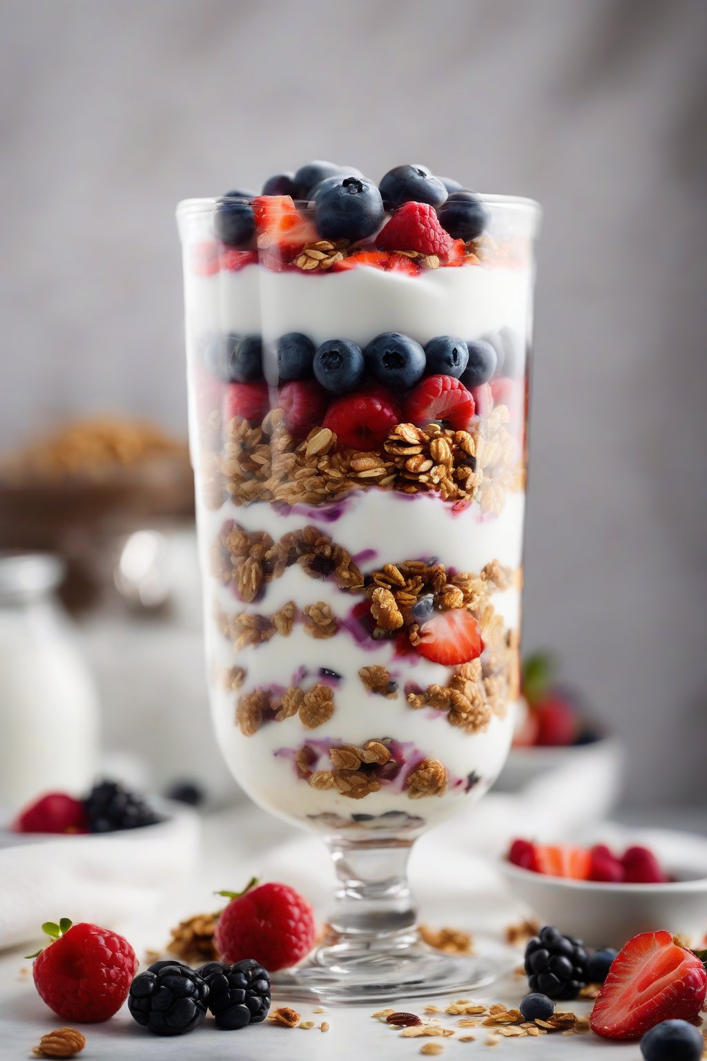 A high-resolution close-up photo of layered Greek yogurt parfait with fresh berries and granola crunch, under soft lighting.