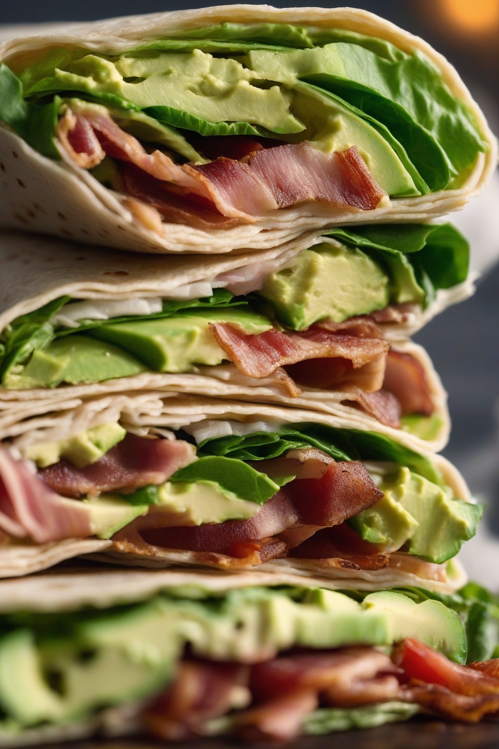 A high-resolution close-up photo of a sliced BLT wrap revealing bacon, avocado, and crisp lettuce, under soft lighting.