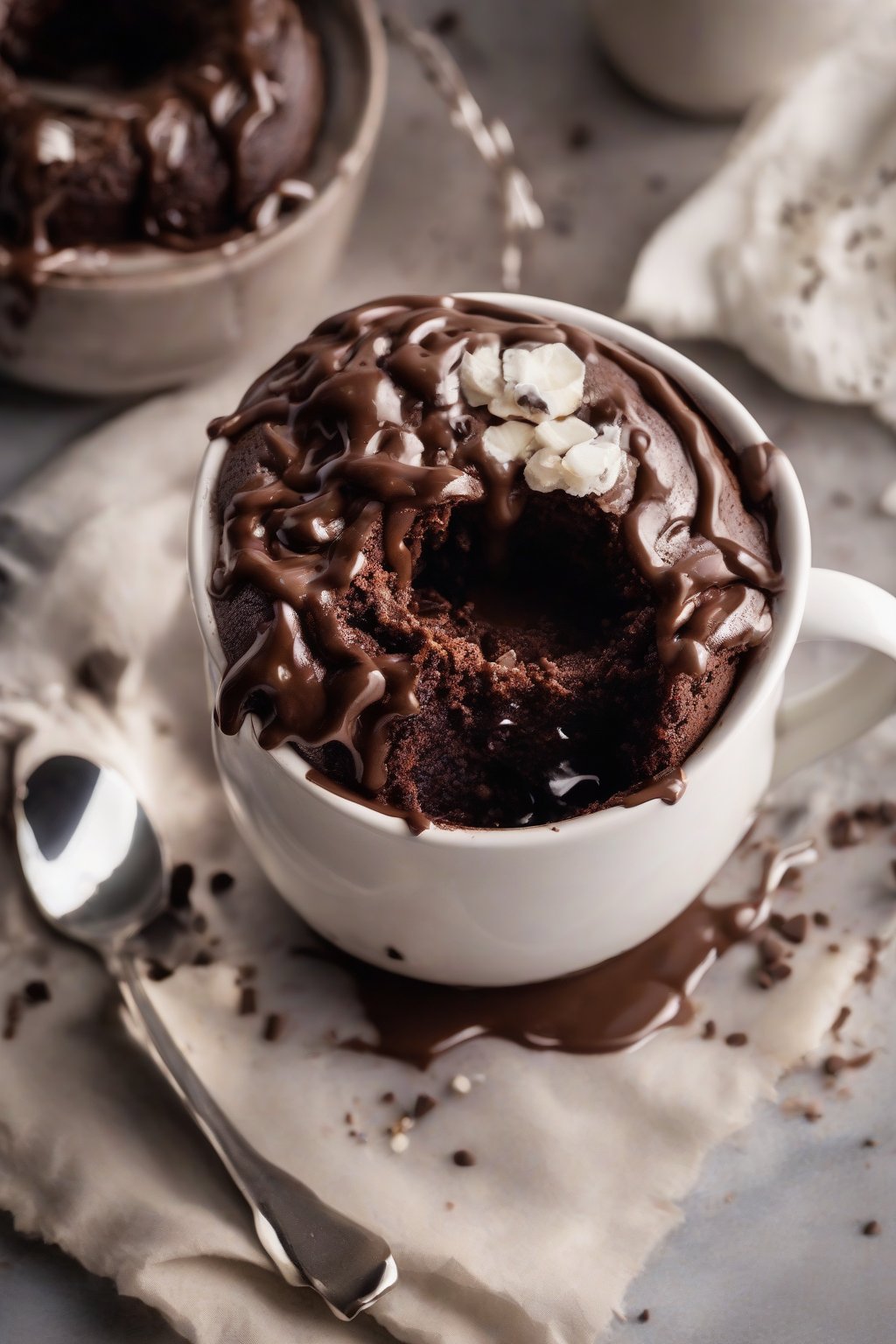A high-resolution close-up photo of a gooey chocolate mug cake with melting chips, under soft lighting.