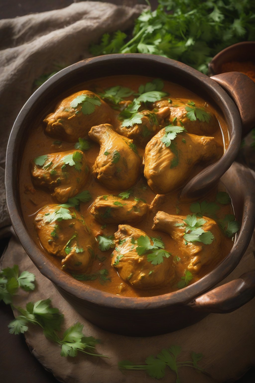 A high-resolution photo of steaming classic Punjabi chicken curry garnished with cilantro in a clay pot under soft lighting.