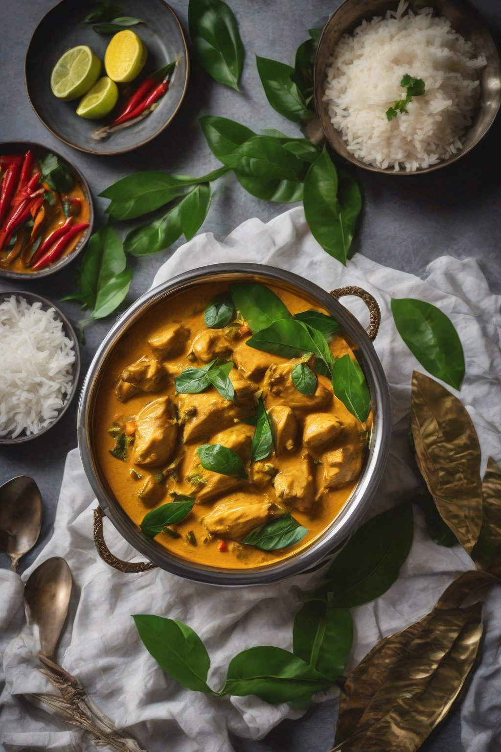 A high-resolution photo of vibrant Goan coconut chicken curry with curry leaves on top under soft lighting.