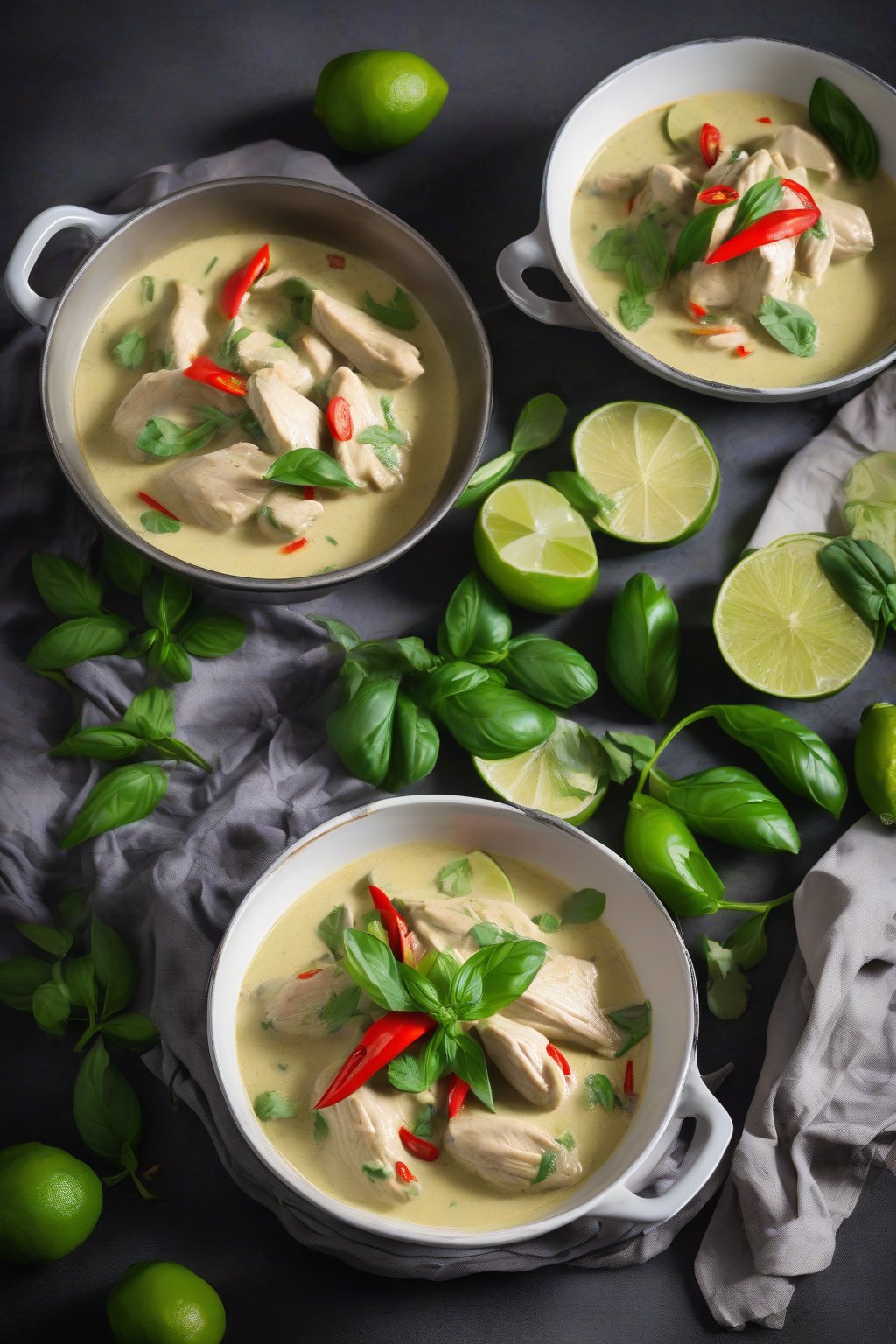 A high-resolution photo of creamy Thai green chicken curry with basil and lime slices under soft lighting.
