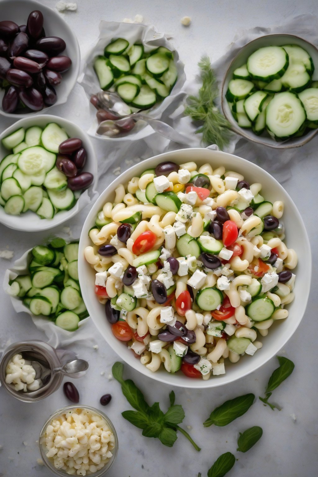 A high-resolution photo of Greek macaroni salad featuring feta, olives, and cucumbers, under soft lighting.