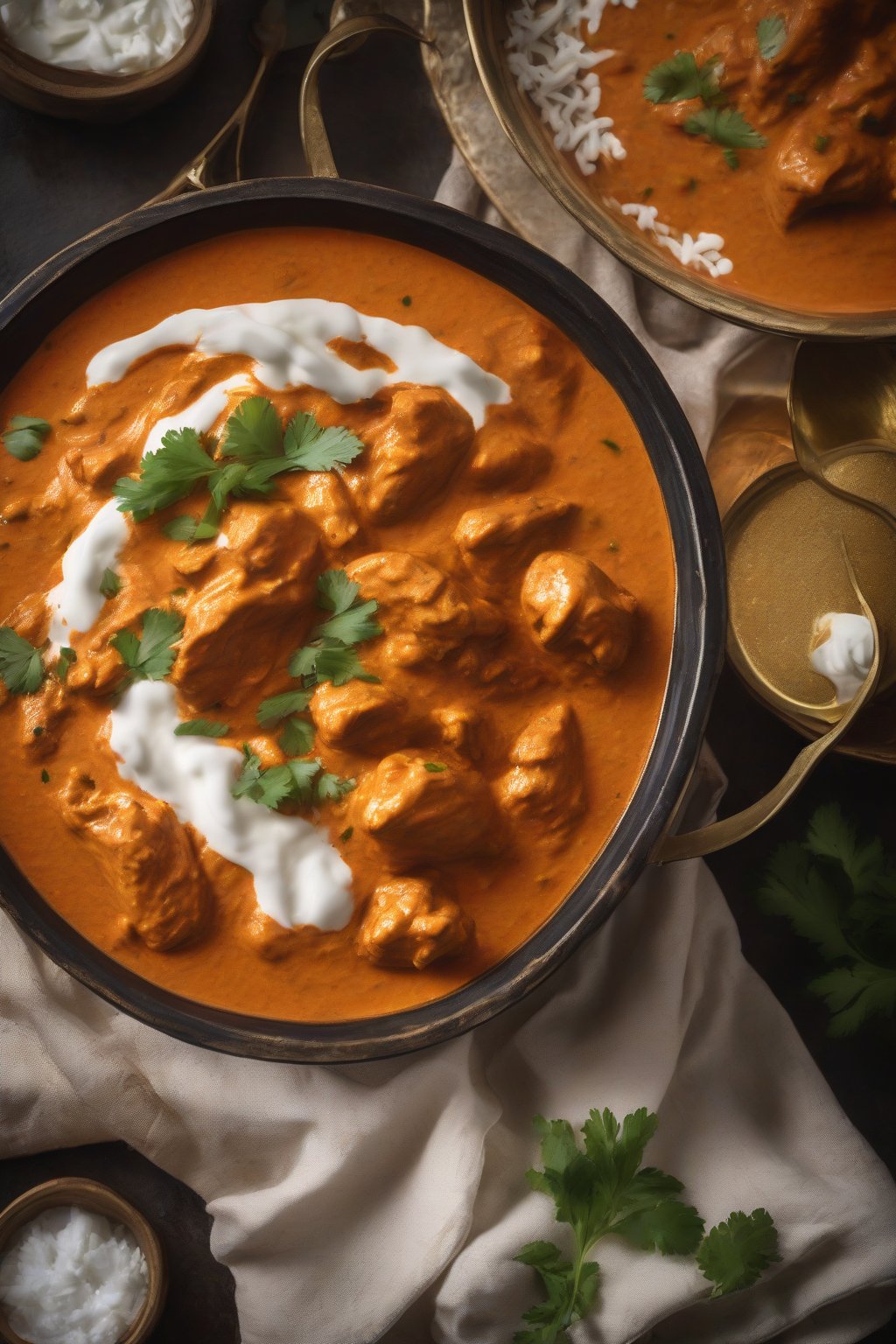 A high-resolution photo of rich butter chicken masala drizzled with cream in a bowl under soft lighting.