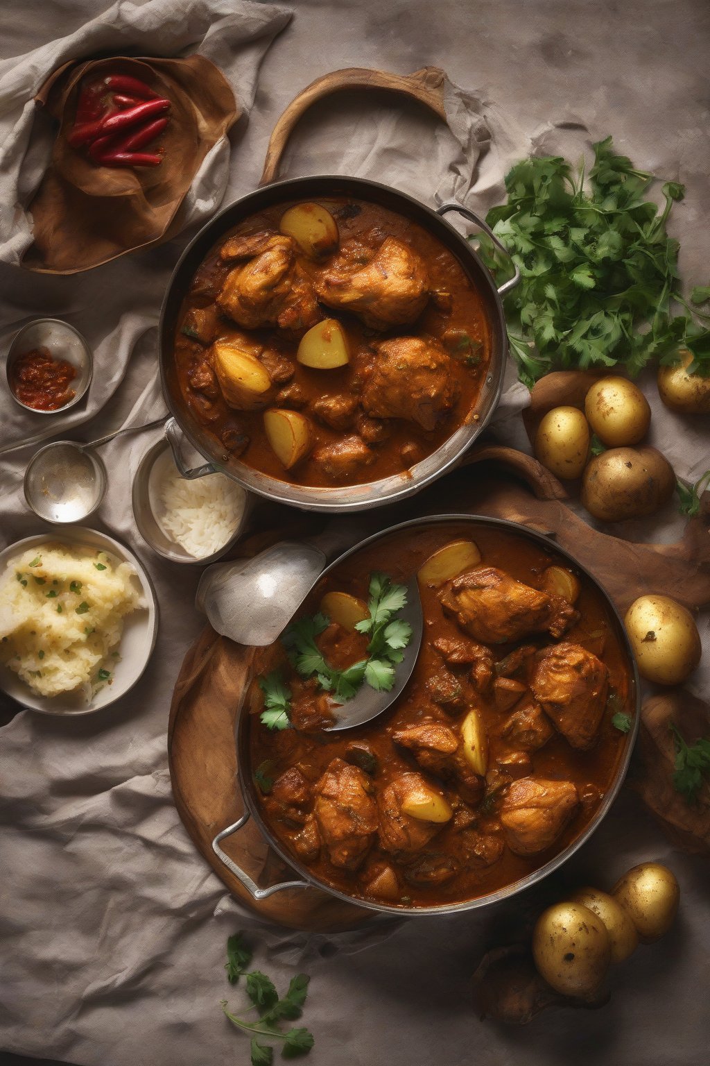 A high-resolution photo of spicy chicken vindaloo with potatoes and gravy under soft lighting.