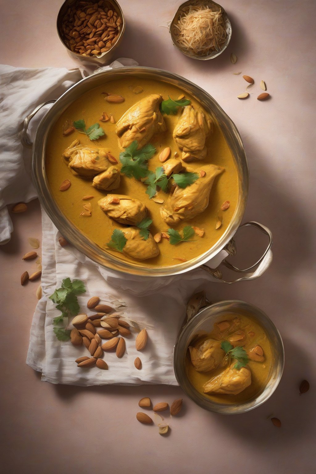 A high-resolution photo of elegant korma chicken curry with almond flecks and saffron strands under soft lighting.