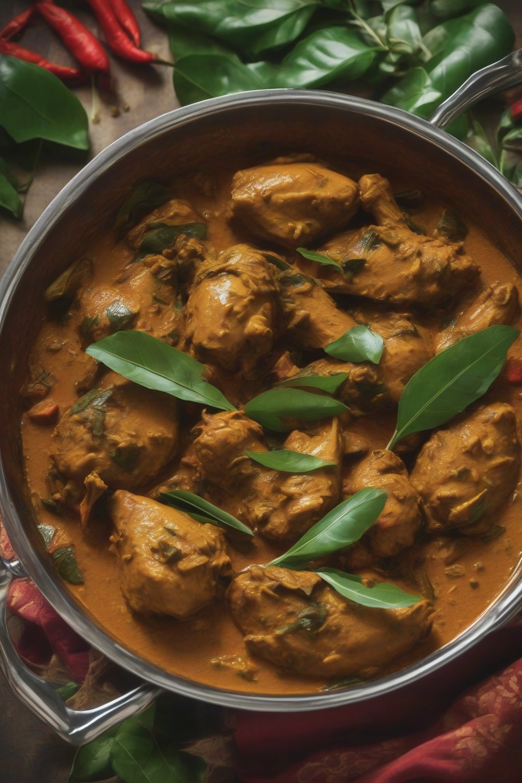 A high-resolution photo of peppery Madras chicken curry sizzling with curry leaves under soft lighting.