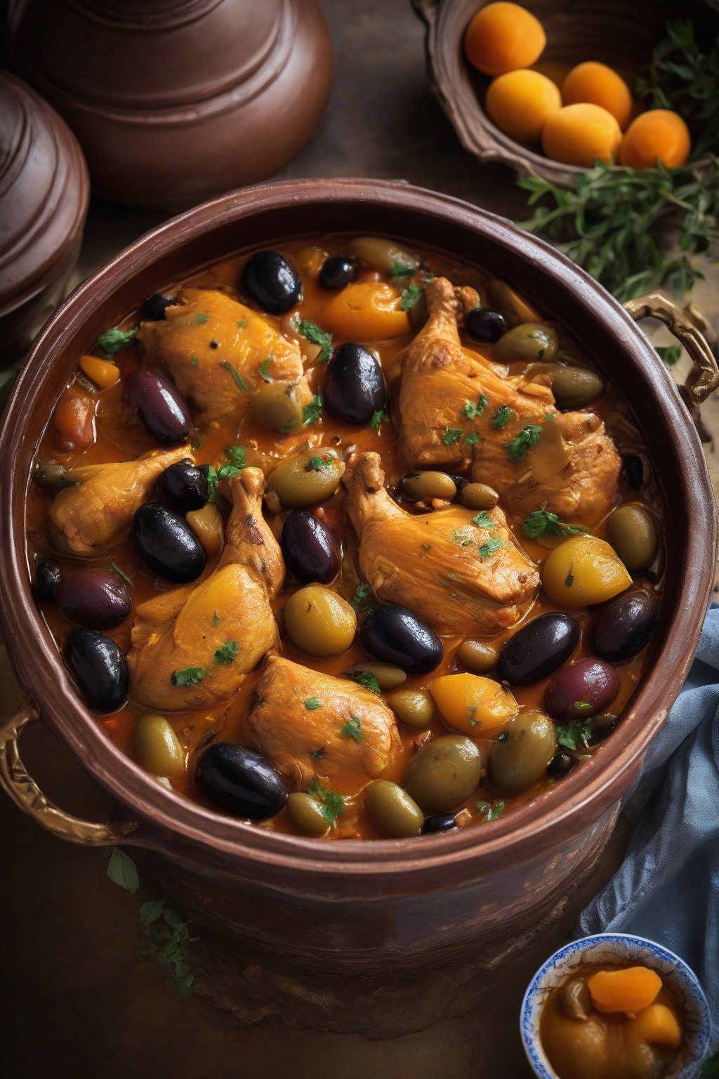 A high-resolution photo of Moroccan chicken tagine with olives and apricots in a tagine pot under soft lighting.