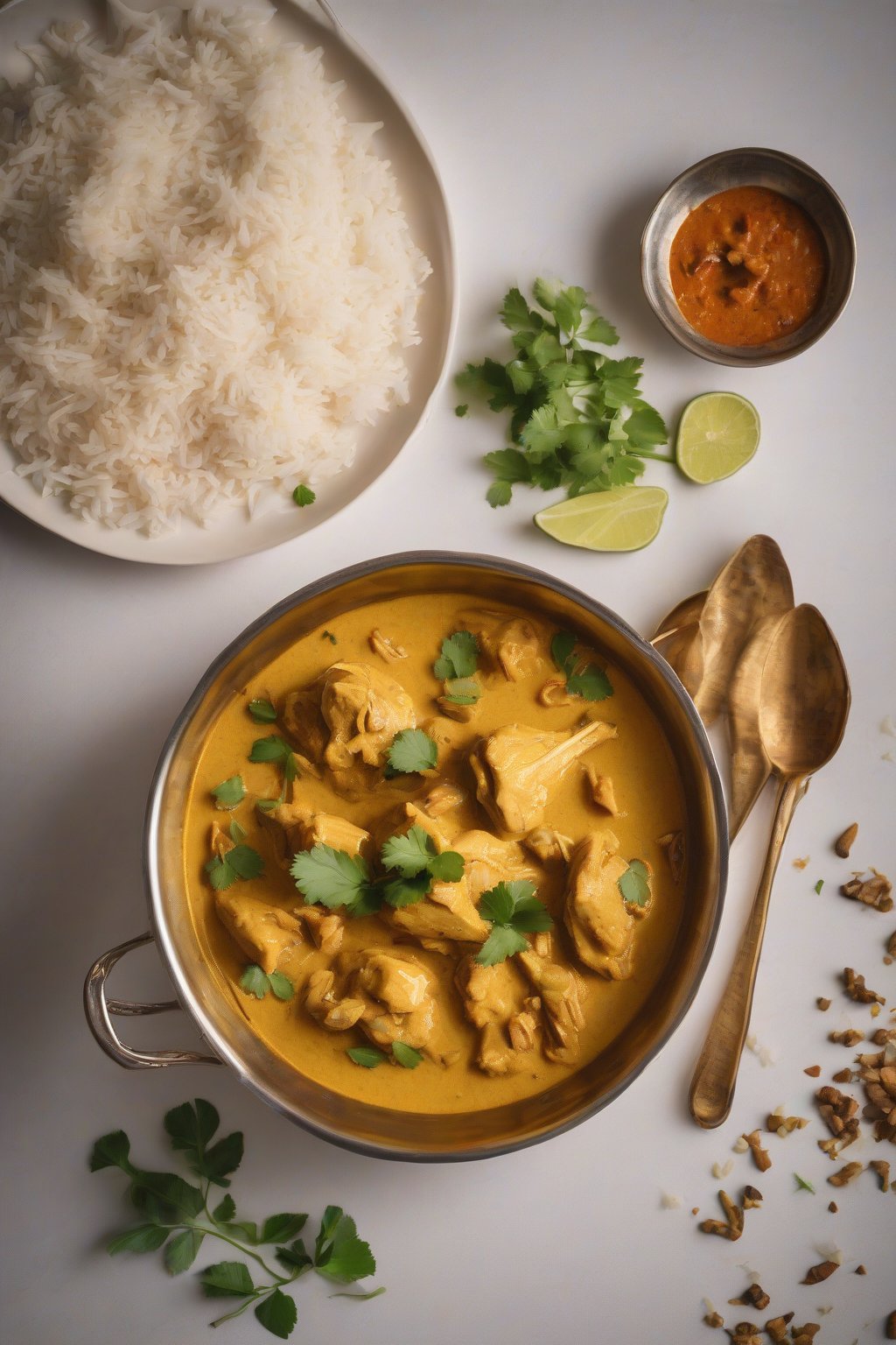 A high-resolution photo of Kerala coconut chicken curry with julienned ginger under soft lighting.