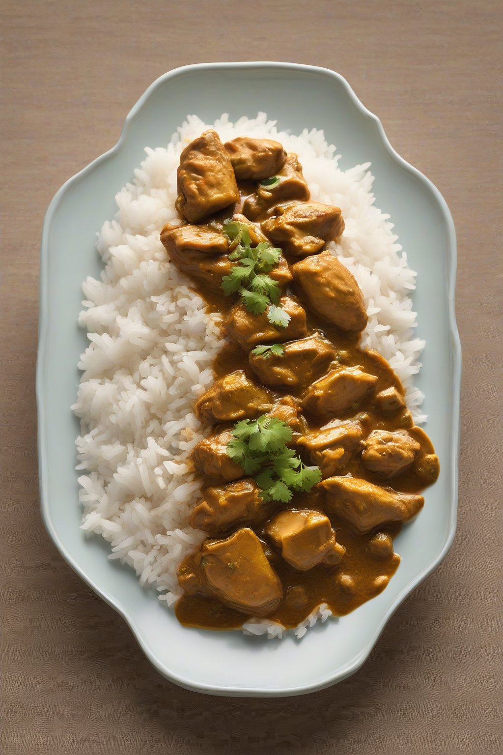 A high-resolution photo of hearty Japanese karē chicken curry over rice under soft lighting.