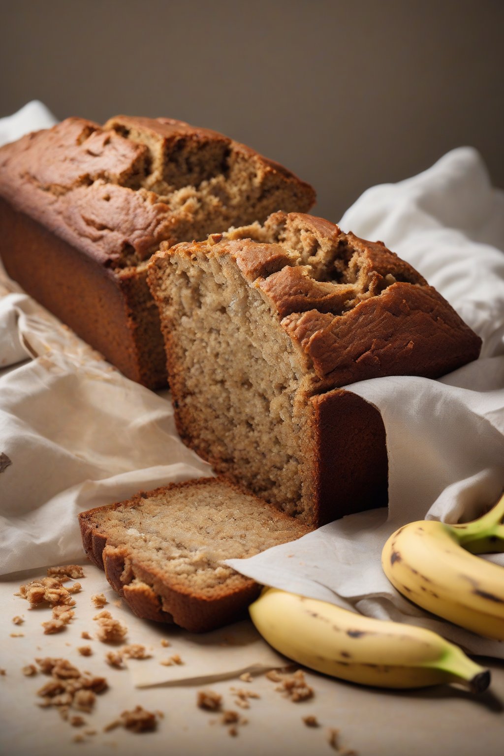 A high-resolution photo of a golden loaf of classic banana bread sliced open to reveal moist crumb, under soft lighting.