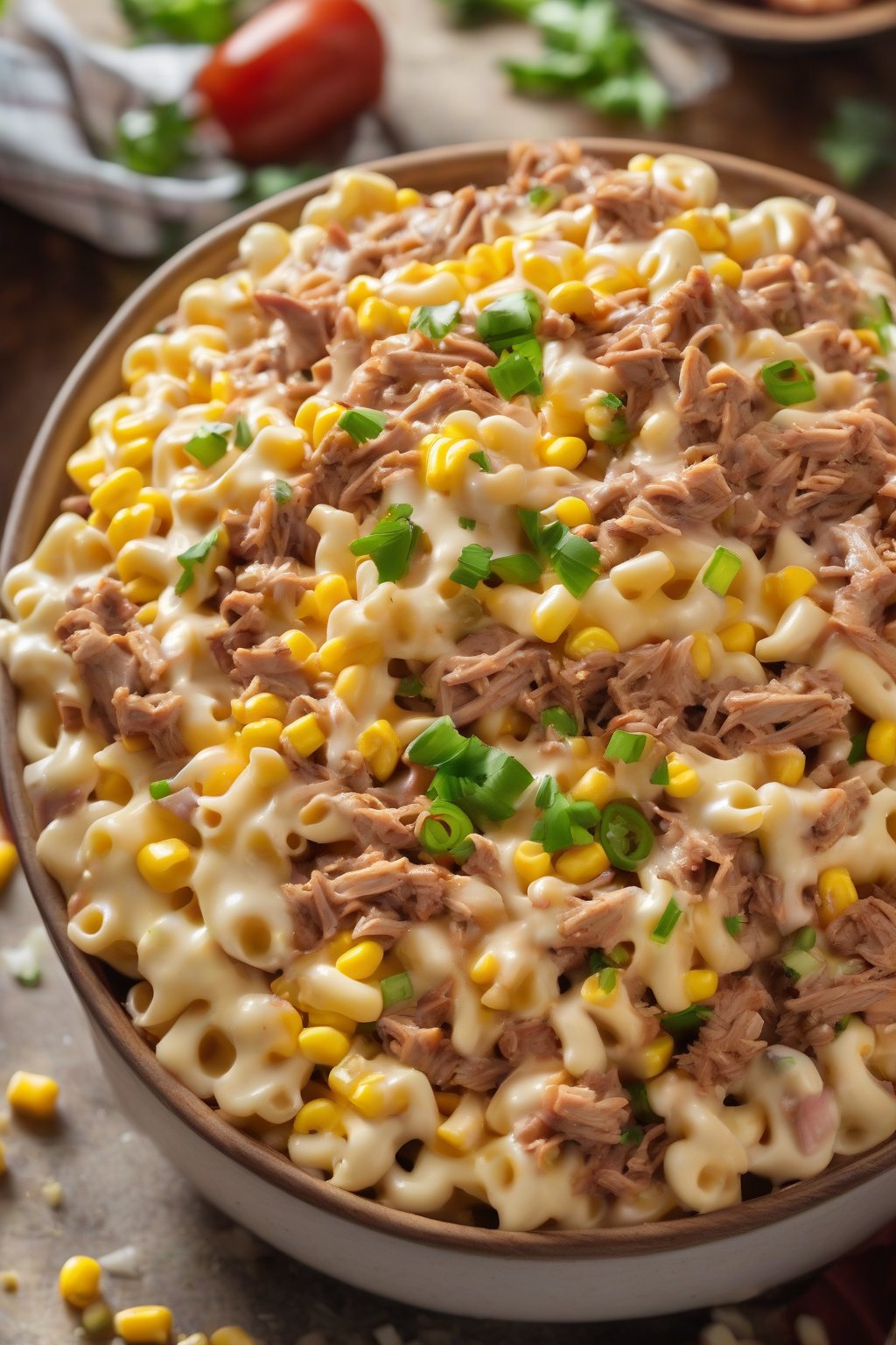 A high-resolution photo of BBQ pulled pork macaroni salad with corn and cheese, under soft lighting.