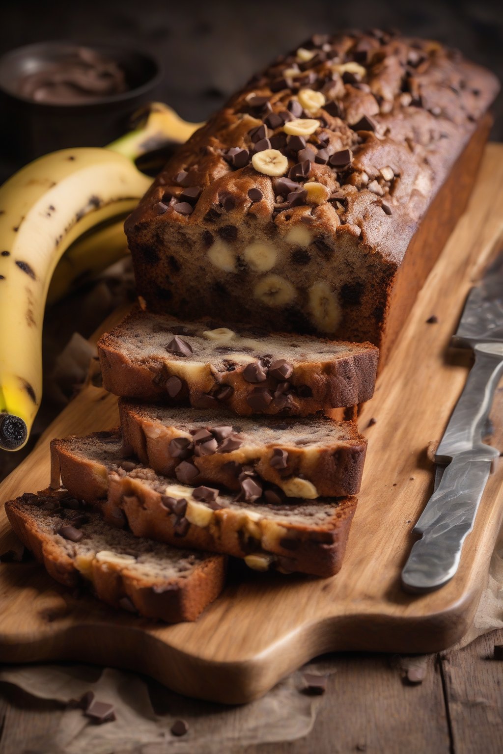 A high-resolution photo of chocolate chip banana bread loaf with gooey chips oozing out, sliced on a wooden board, under soft lighting.