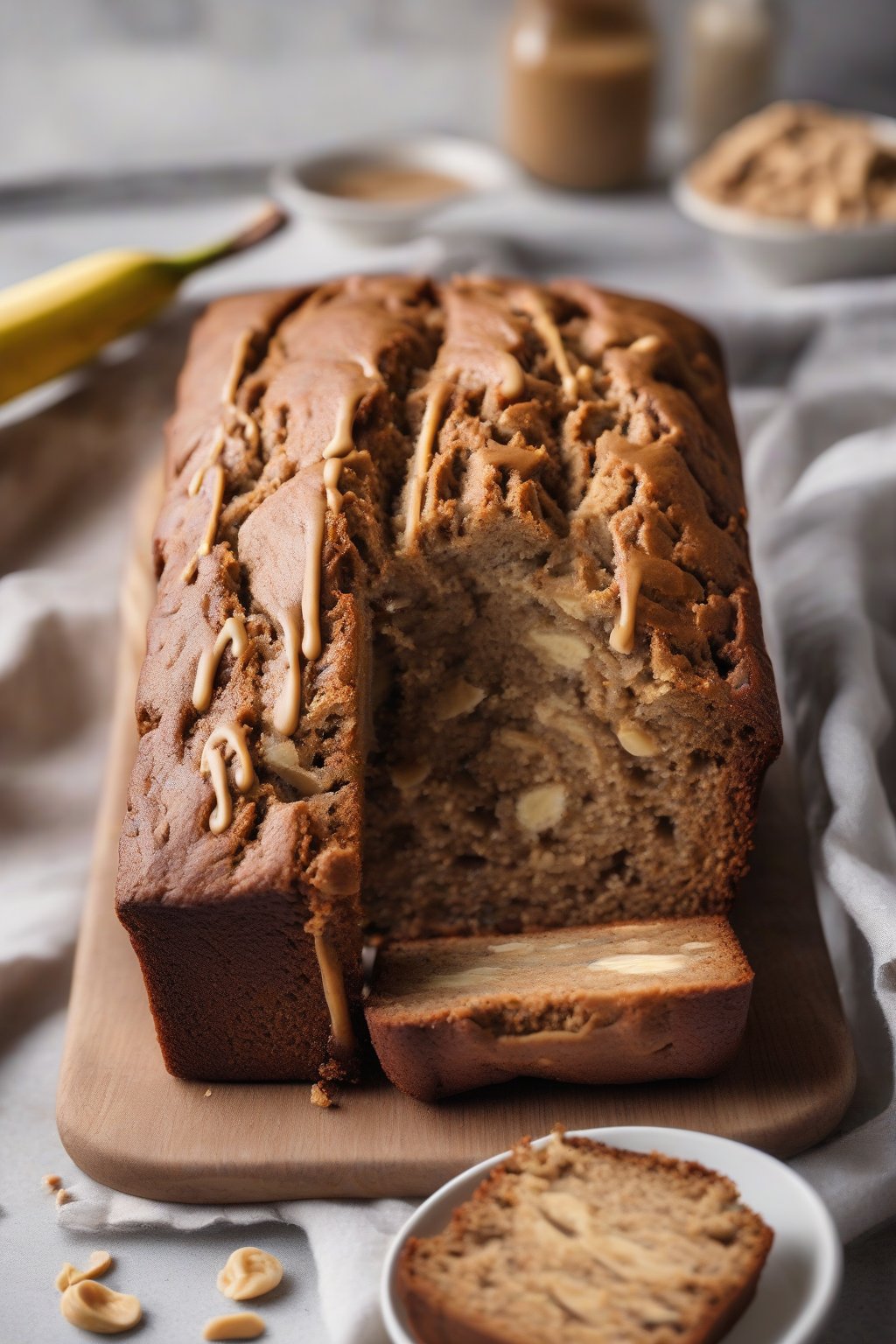 A high-resolution photo of peanut butter banana bread with creamy swirls, one slice pulled away showing texture, under soft lighting.