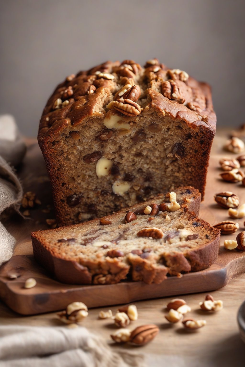 A high-resolution photo of walnut banana bread studded with chunky nuts, fresh slice revealing moist interior, under soft lighting.