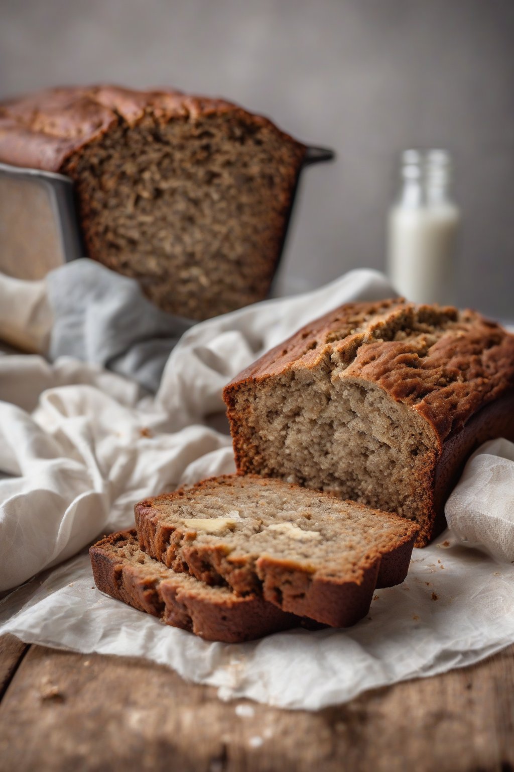 A high-resolution photo of vegan banana bread loaf with rustic top, sliced to show fluffy crumb, under soft lighting.