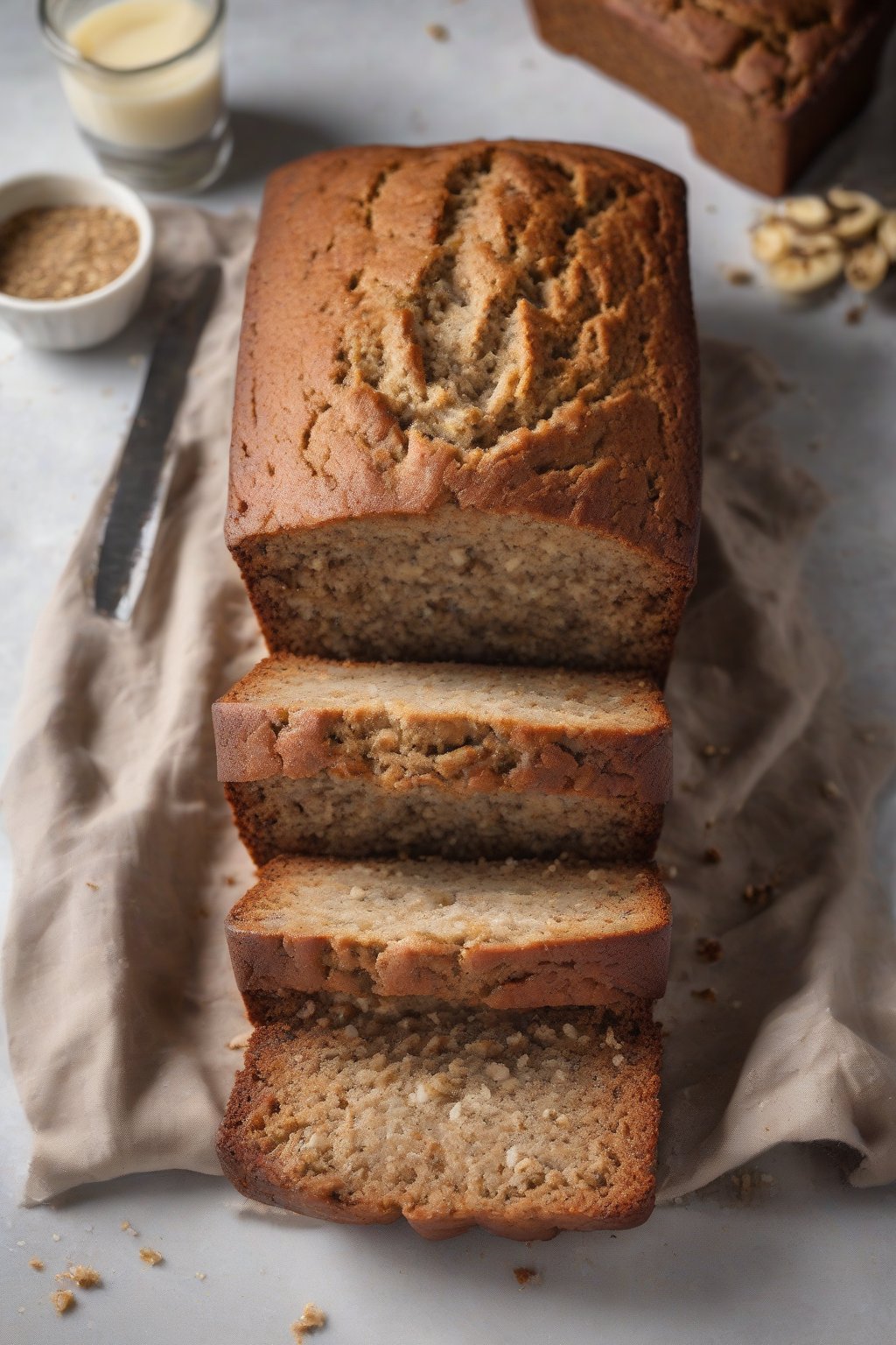 A high-resolution photo of gluten-free banana bread with perfect dome, interior crumb shot, under soft lighting.