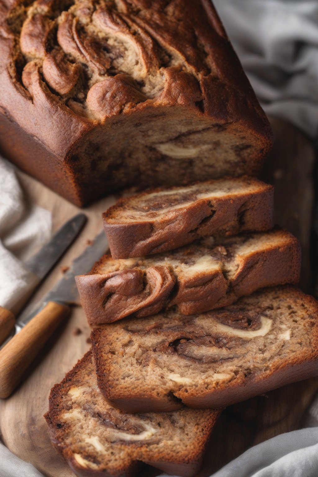 A high-resolution photo of cinnamon swirl banana bread with visible ribbons, sliced open, under soft lighting.
