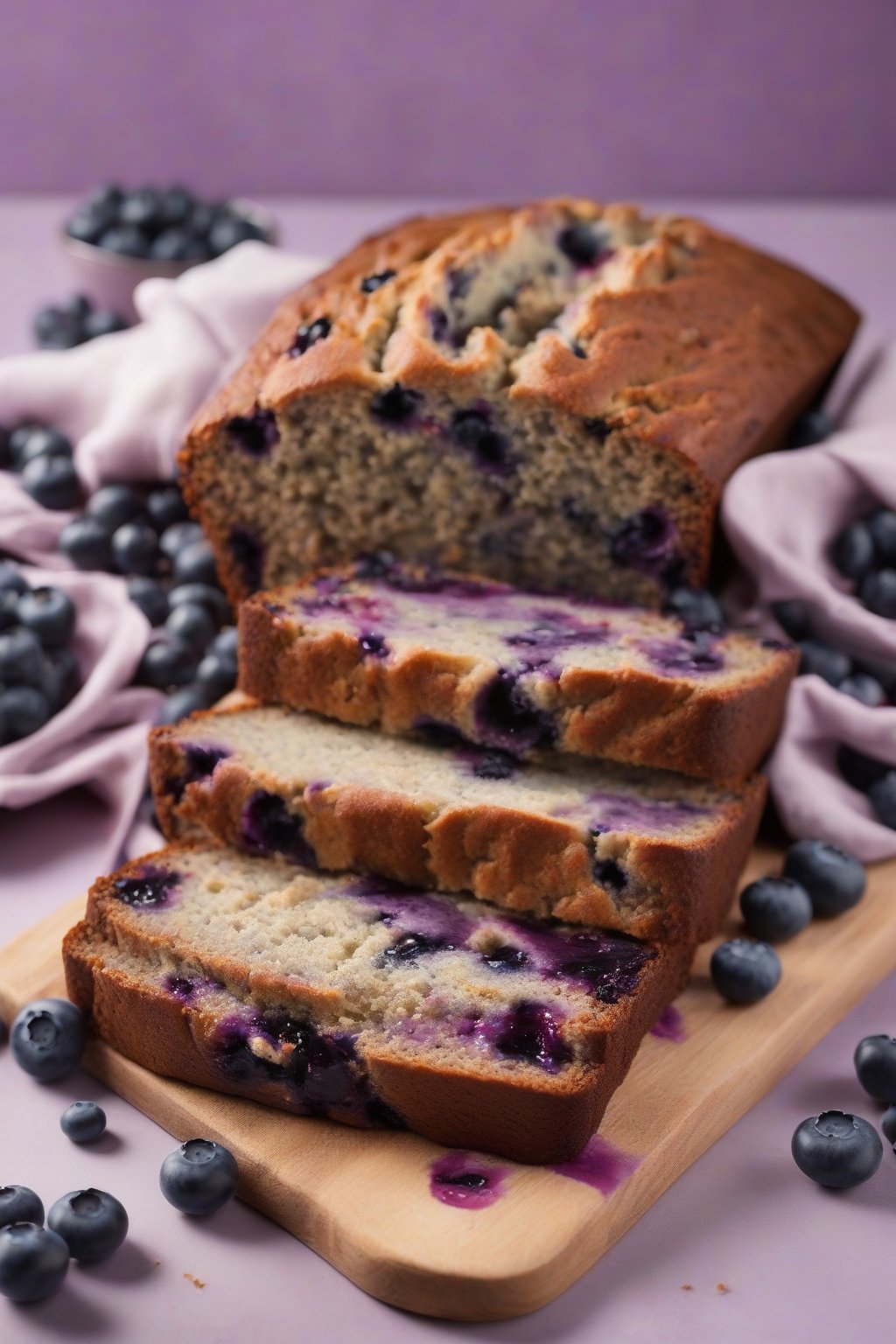 A high-resolution photo of blueberry banana bread dotted with purple berries, juicy slice, under soft lighting.