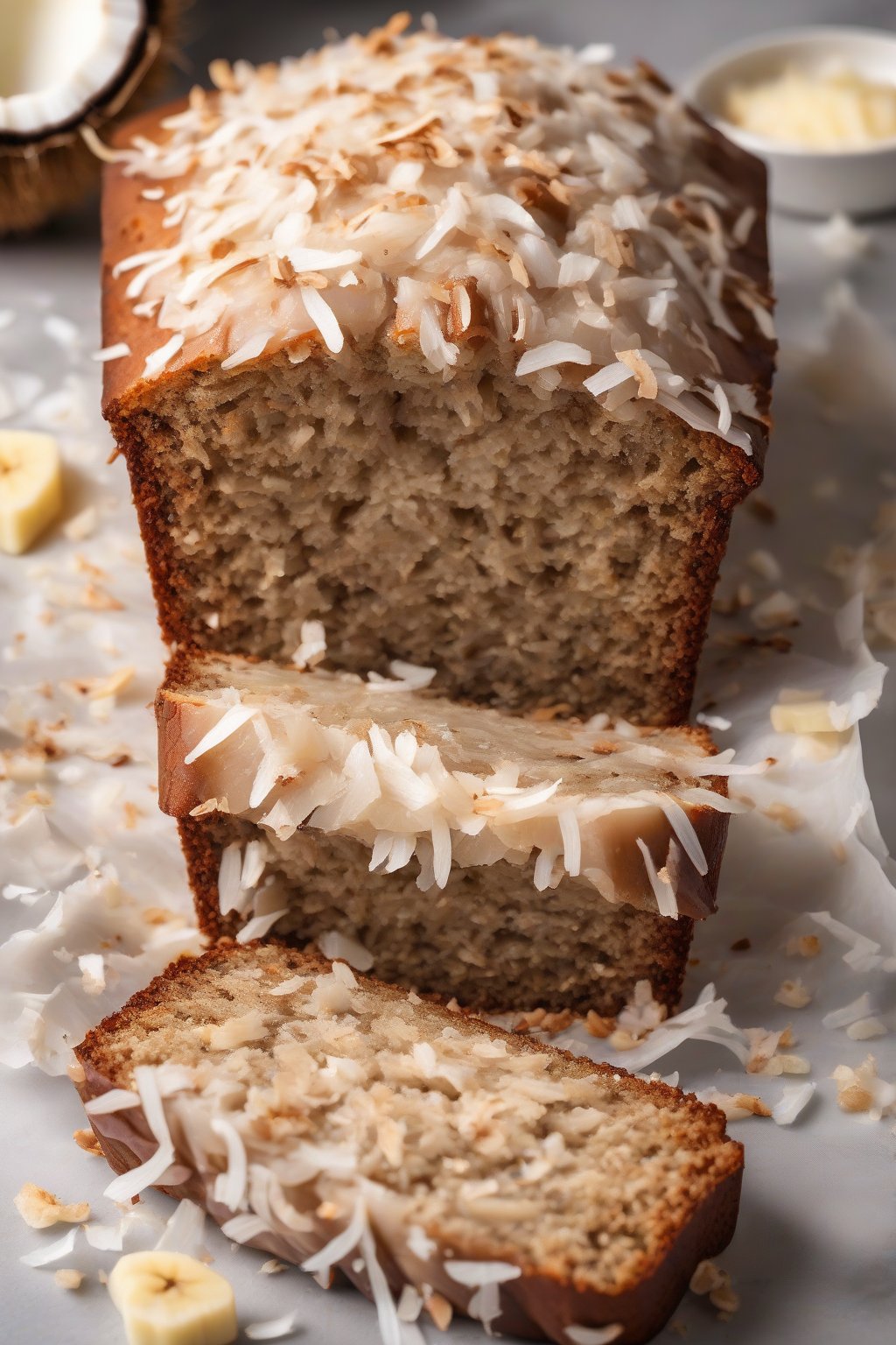A high-resolution photo of coconut banana bread topped with flakes, cross-section showing shreds, under soft lighting.